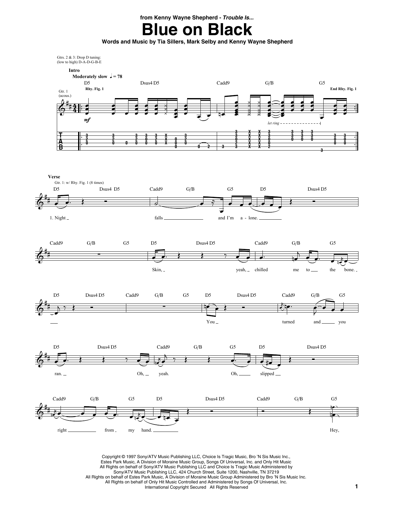 Download Kenny Wayne Shepherd Blue On Black Sheet Music and learn how to play Real Book – Melody, Lyrics & Chords PDF digital score in minutes