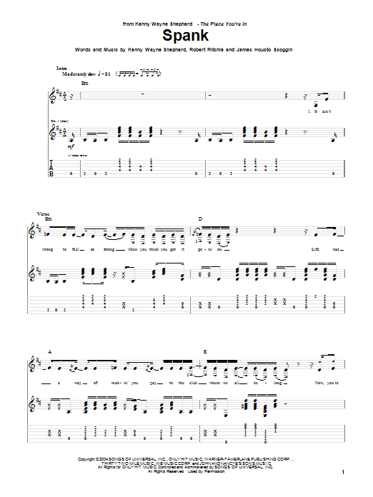 Download Kenny Wayne Shepherd Spank Sheet Music and learn how to play Guitar Tab PDF digital score in minutes