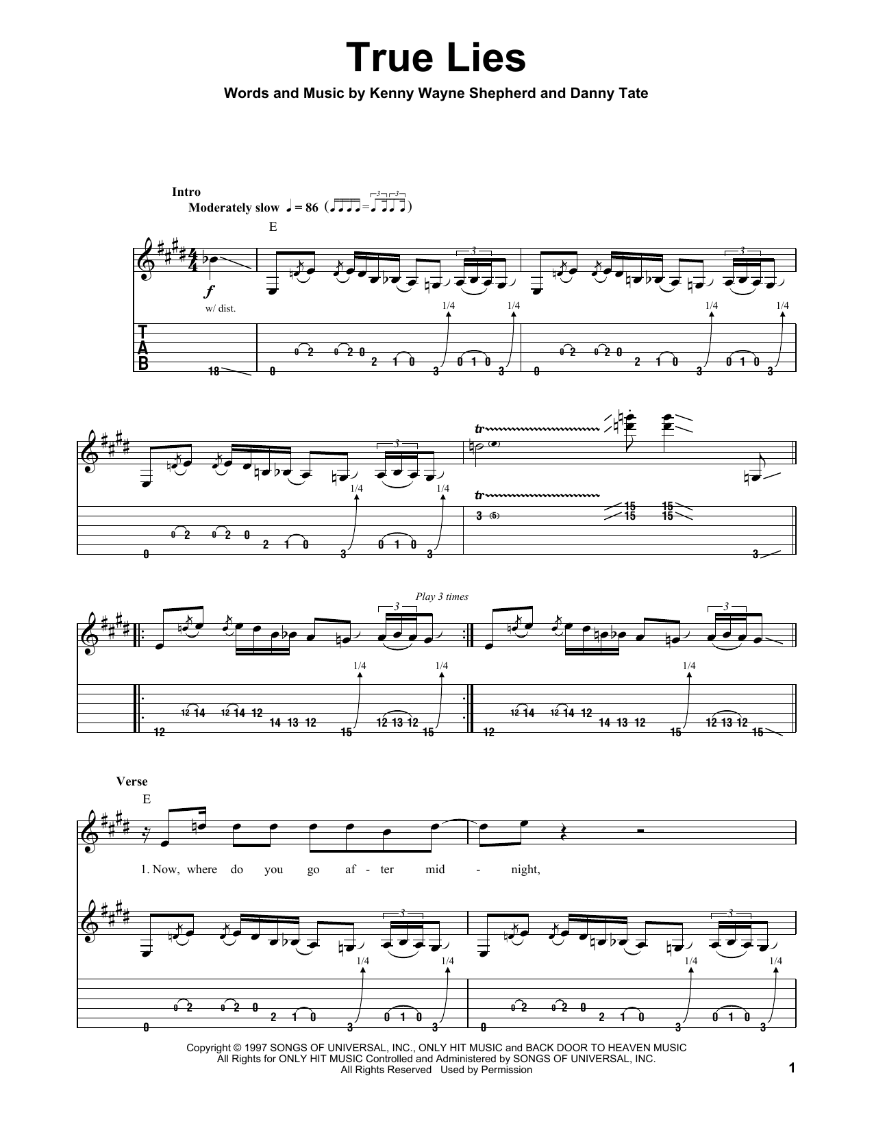 Download Kenny Wayne Shepherd True Lies Sheet Music and learn how to play Guitar Tab PDF digital score in minutes