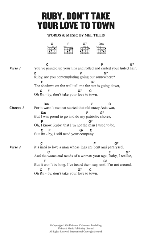 Download Kenny Rogers & The First Edition Ruby, Don't Take Your Love To Town Sheet Music and learn how to play Lyrics & Chords PDF digital score in minutes