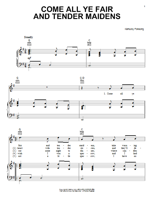 Download Kentucky Folksong Come All Ye Fair And Tender Maidens Sheet Music and learn how to play Piano, Vocal & Guitar (Right-Hand Melody) PDF digital score in minutes