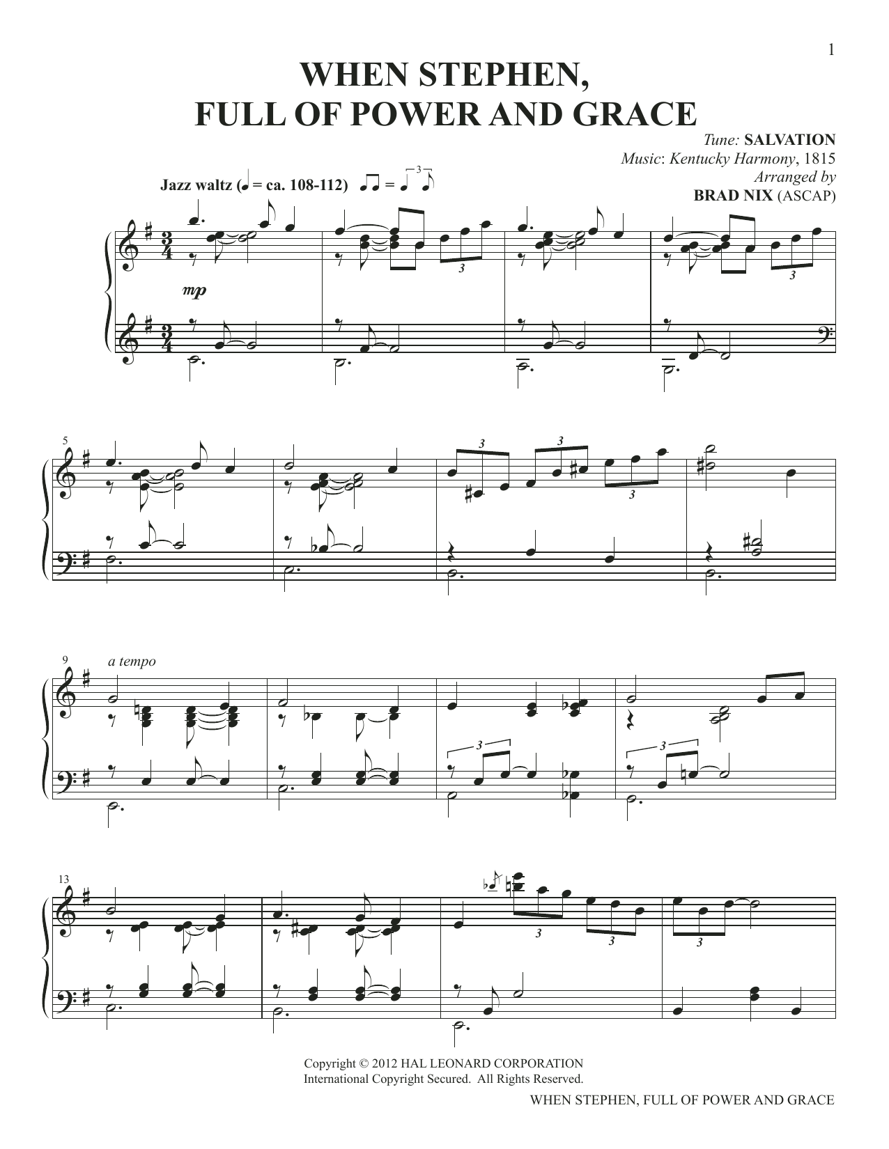 Download Kentucky Harmony When Stephen, Full Of Power And Grace (arr. Brad Nix) Sheet Music and learn how to play Piano Solo PDF digital score in minutes