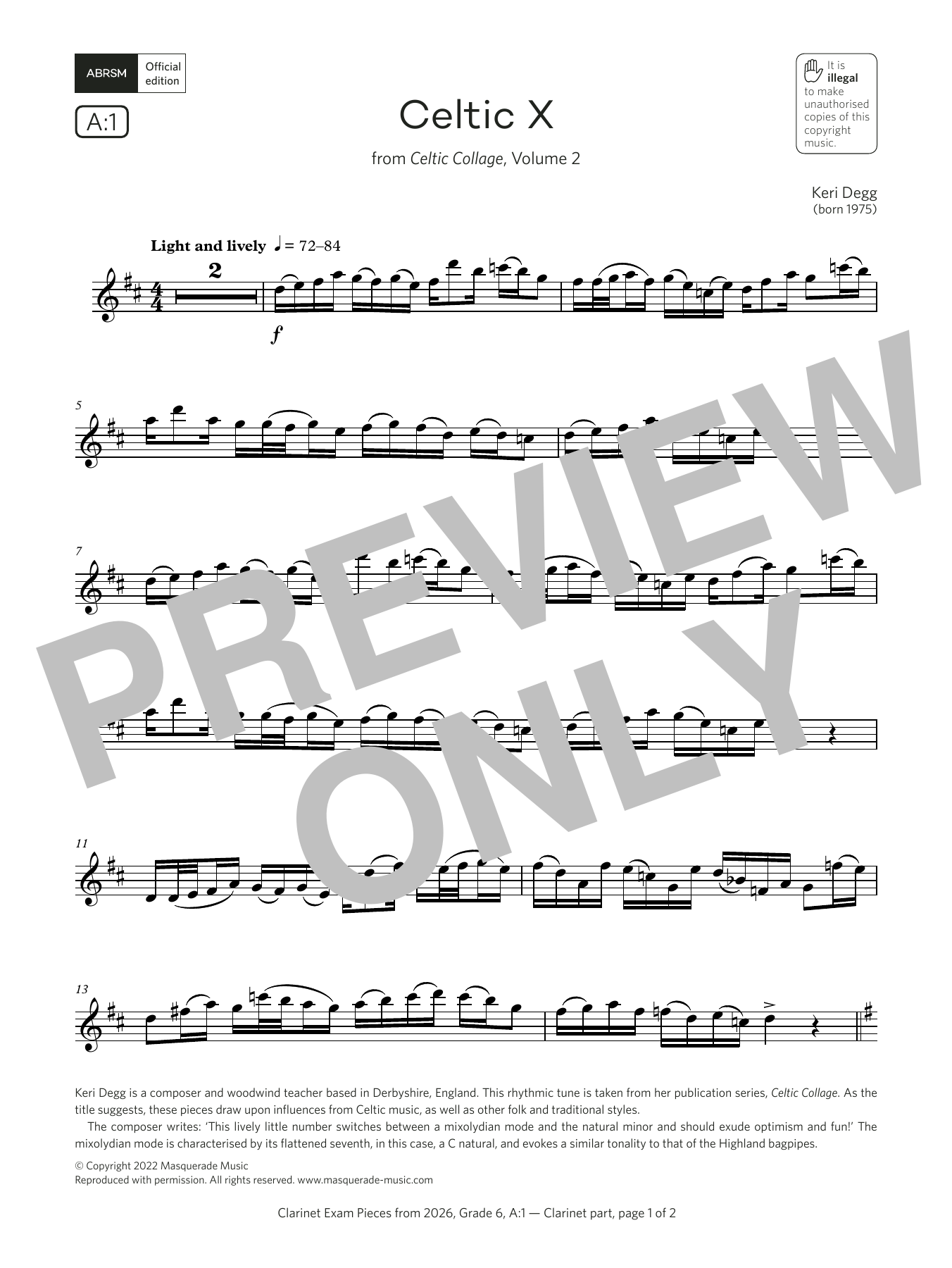 Download Keri Degg Celtic X (Grade 6, list A1, from the ABRSM Clarinet Syllabus from 2026) Sheet Music and learn how to play Clarinet Solo PDF digital score in minutes