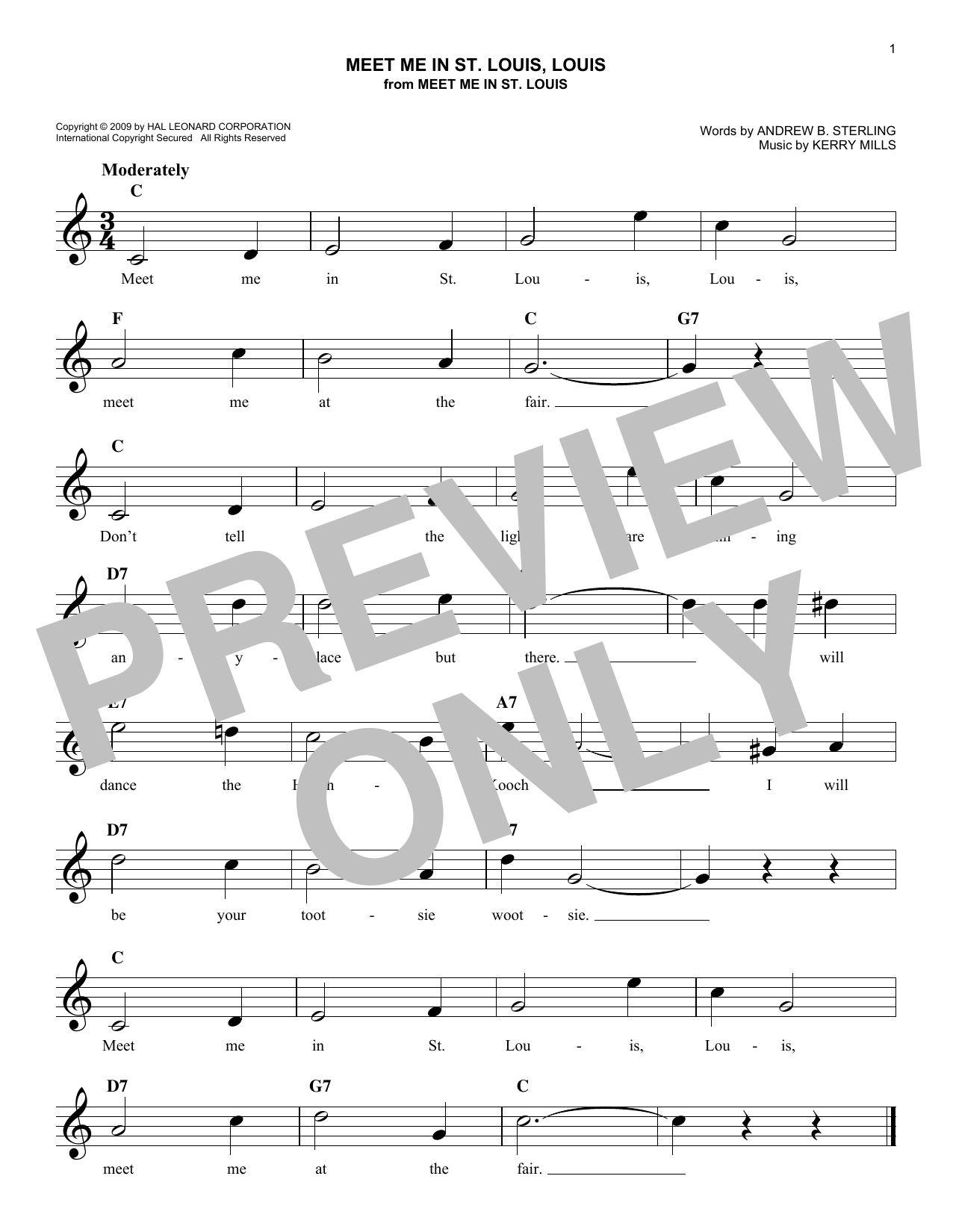 Download Kerry Mills Meet Me In St. Louis, Louis Sheet Music and learn how to play Melody Line, Lyrics & Chords PDF digital score in minutes