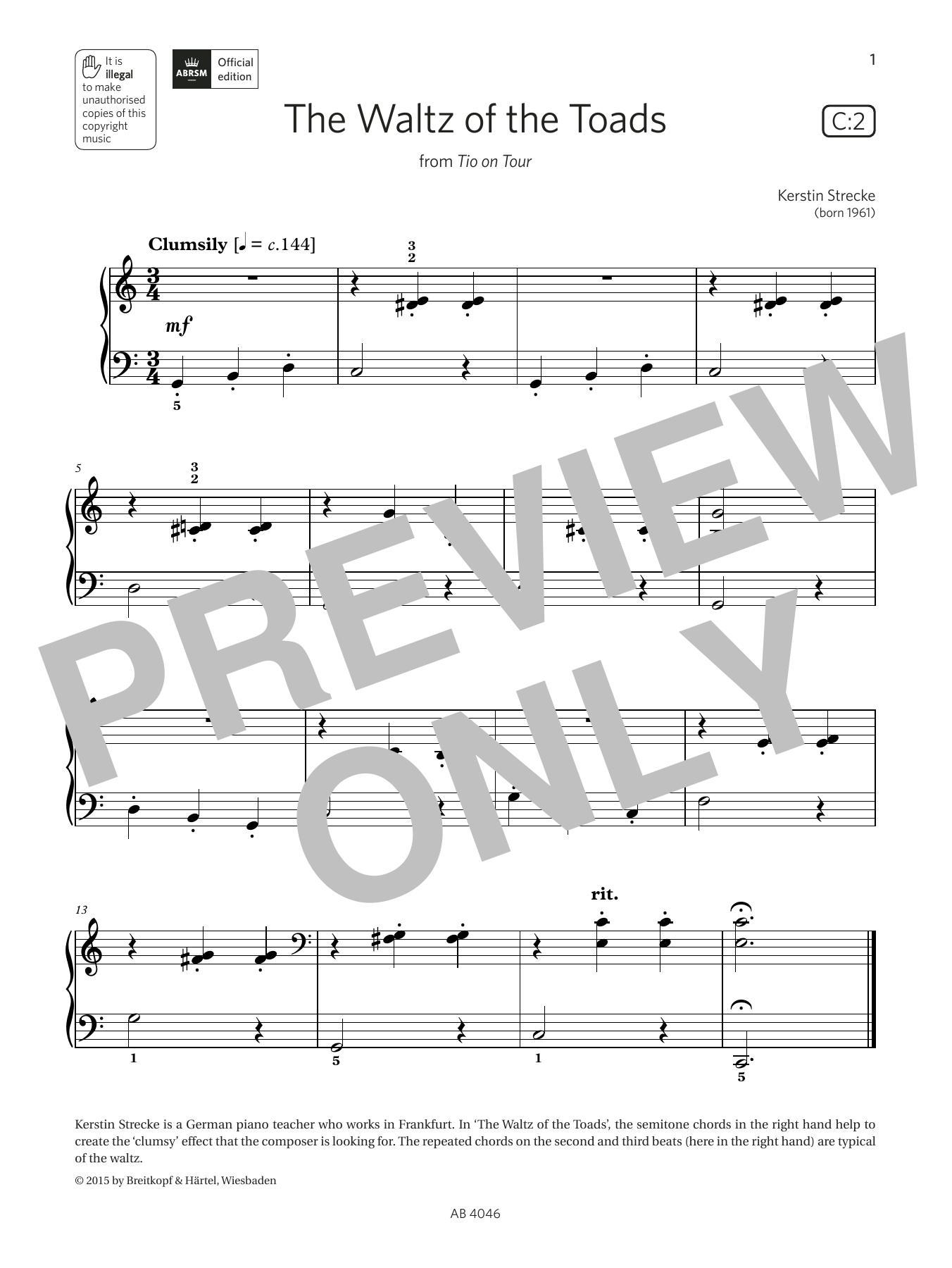 Download Kerstin Strecke The Waltz of the Toads (Grade Initial, list C2, from the ABRSM Piano Syllabus 20 Sheet Music and learn how to play Piano Solo PDF digital score in minutes