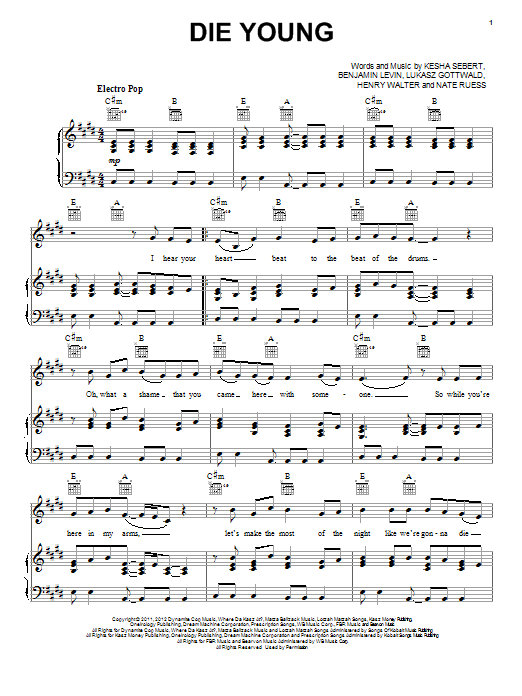 Download Kesha Die Young Sheet Music and learn how to play Piano, Vocal & Guitar (Right-Hand Melody) PDF digital score in minutes