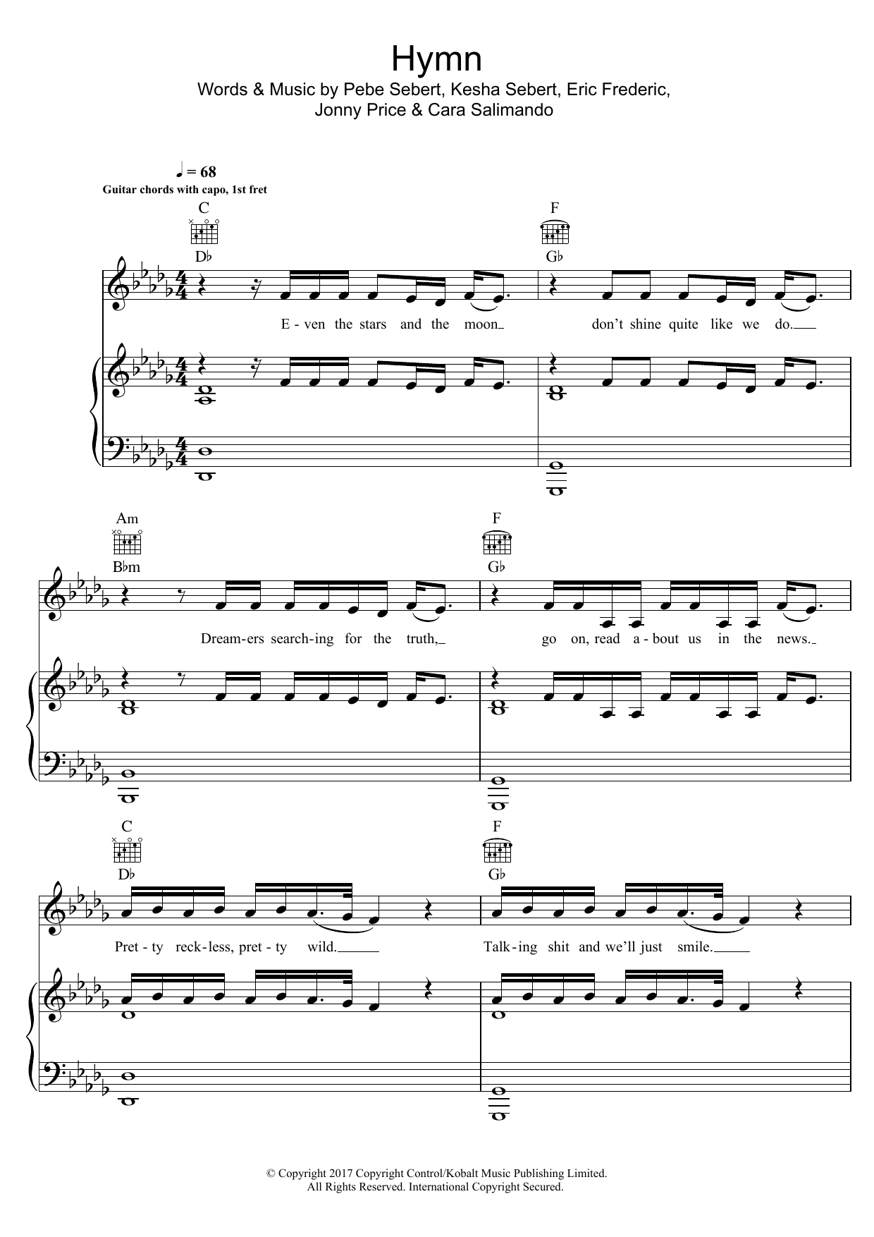 Download Kesha Hymn Sheet Music and learn how to play Piano, Vocal & Guitar (Right-Hand Melody) PDF digital score in minutes