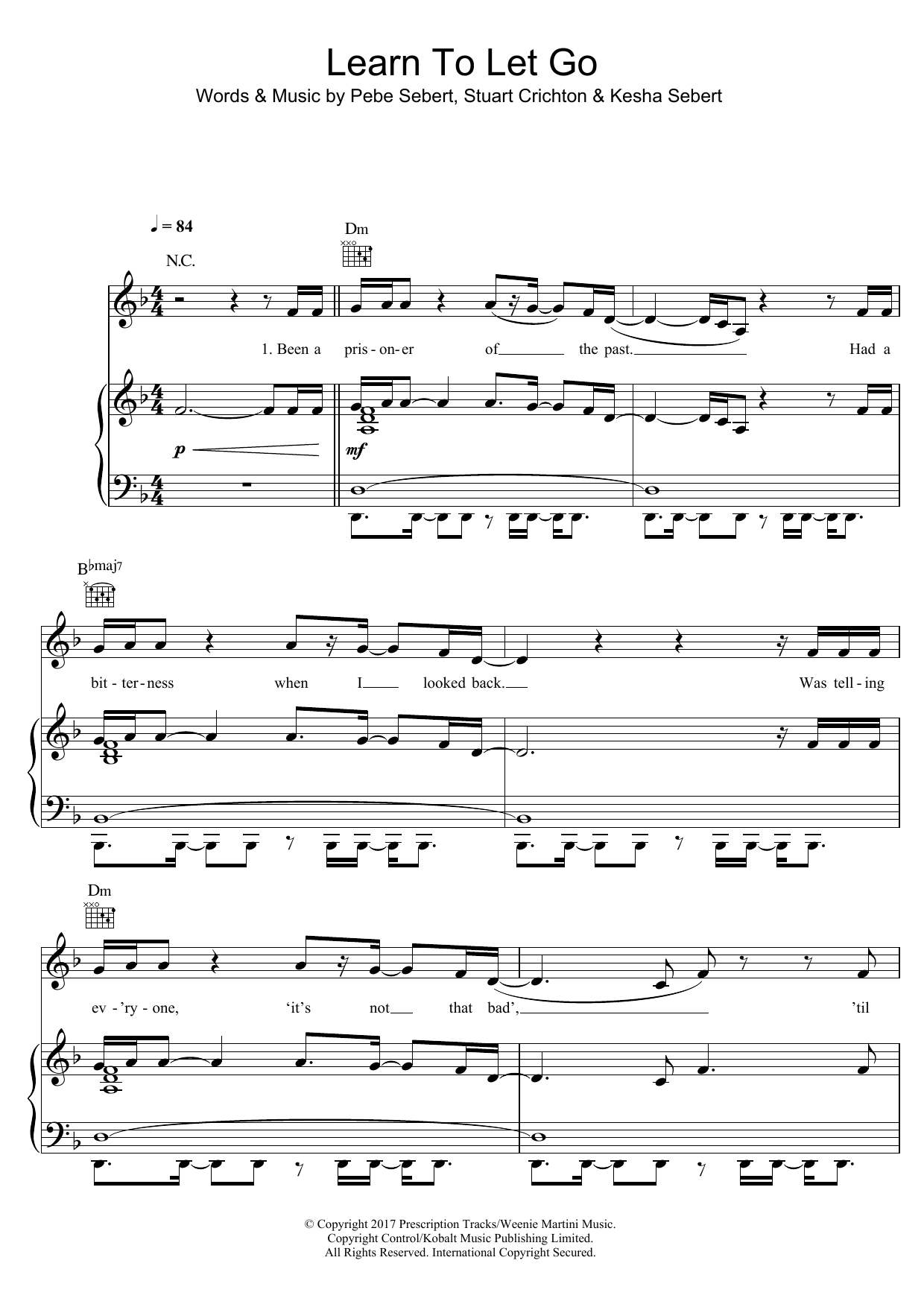 Download Kesha Learn To Let Go Sheet Music and learn how to play Piano, Vocal & Guitar (Right-Hand Melody) PDF digital score in minutes