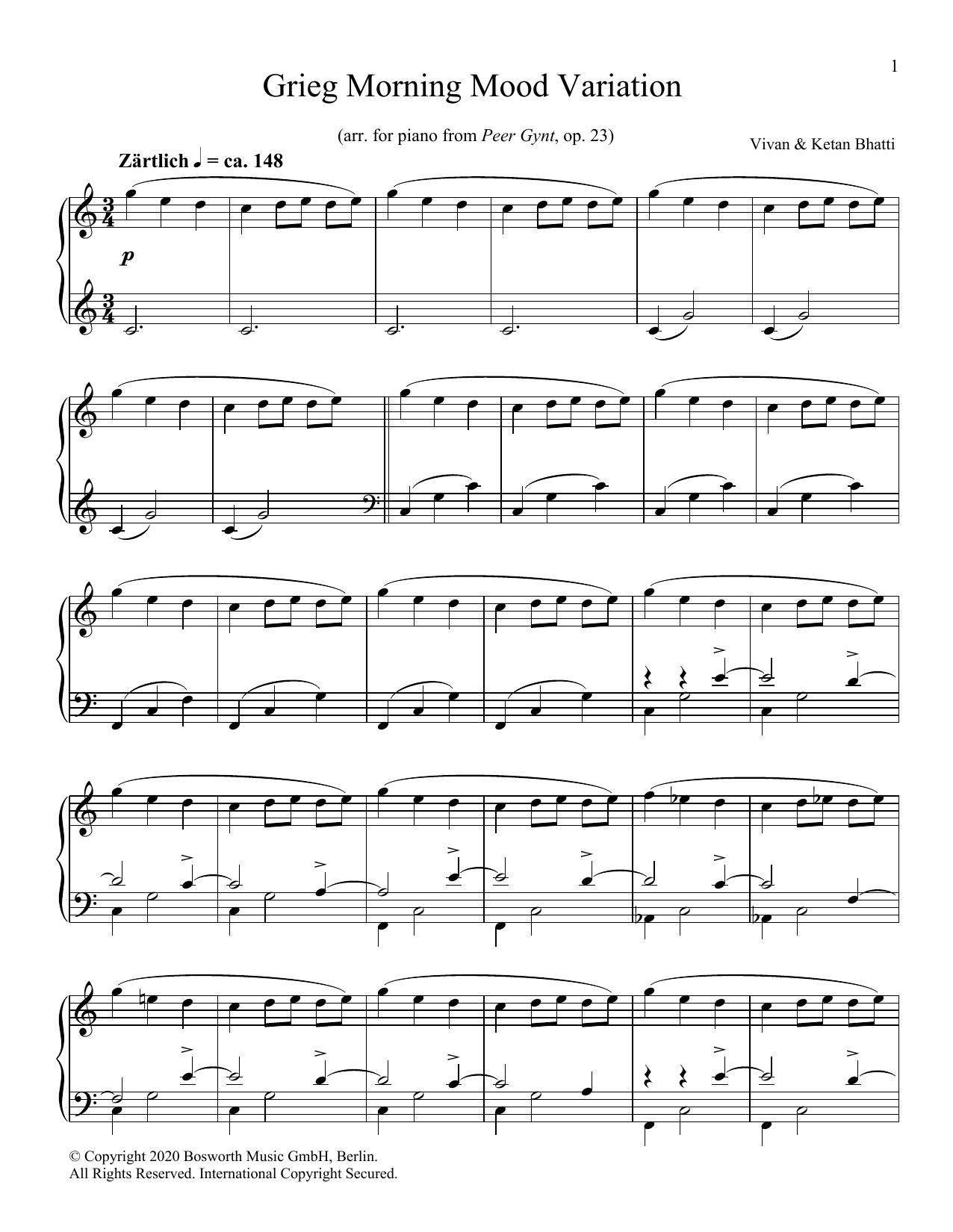 Download Ketan & Vivan Bhatti Grieg Morning Mood Variation Sheet Music and learn how to play Piano Solo PDF digital score in minutes