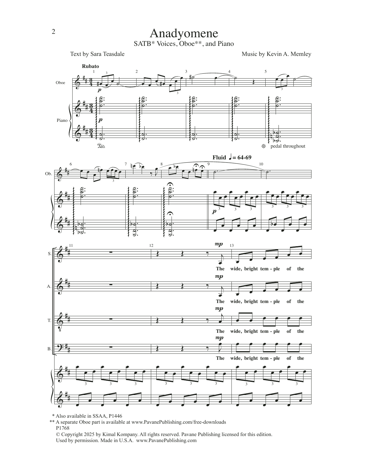 Download Kevin A. Memley Anadyomene Sheet Music and learn how to play Choir PDF digital score in minutes