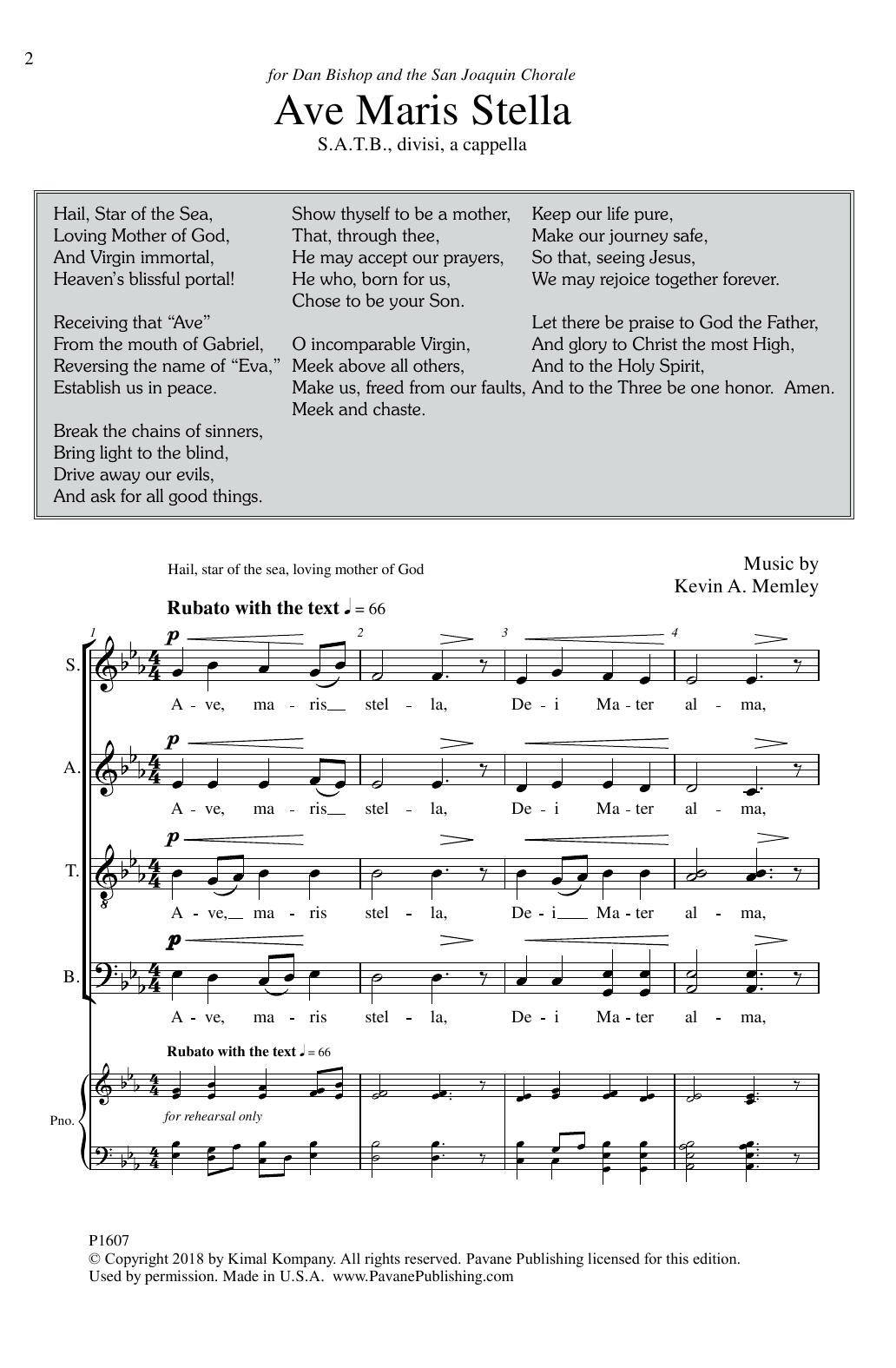 Download Kevin A. Memley Ave Maris Stella Sheet Music and learn how to play SATB Choir PDF digital score in minutes