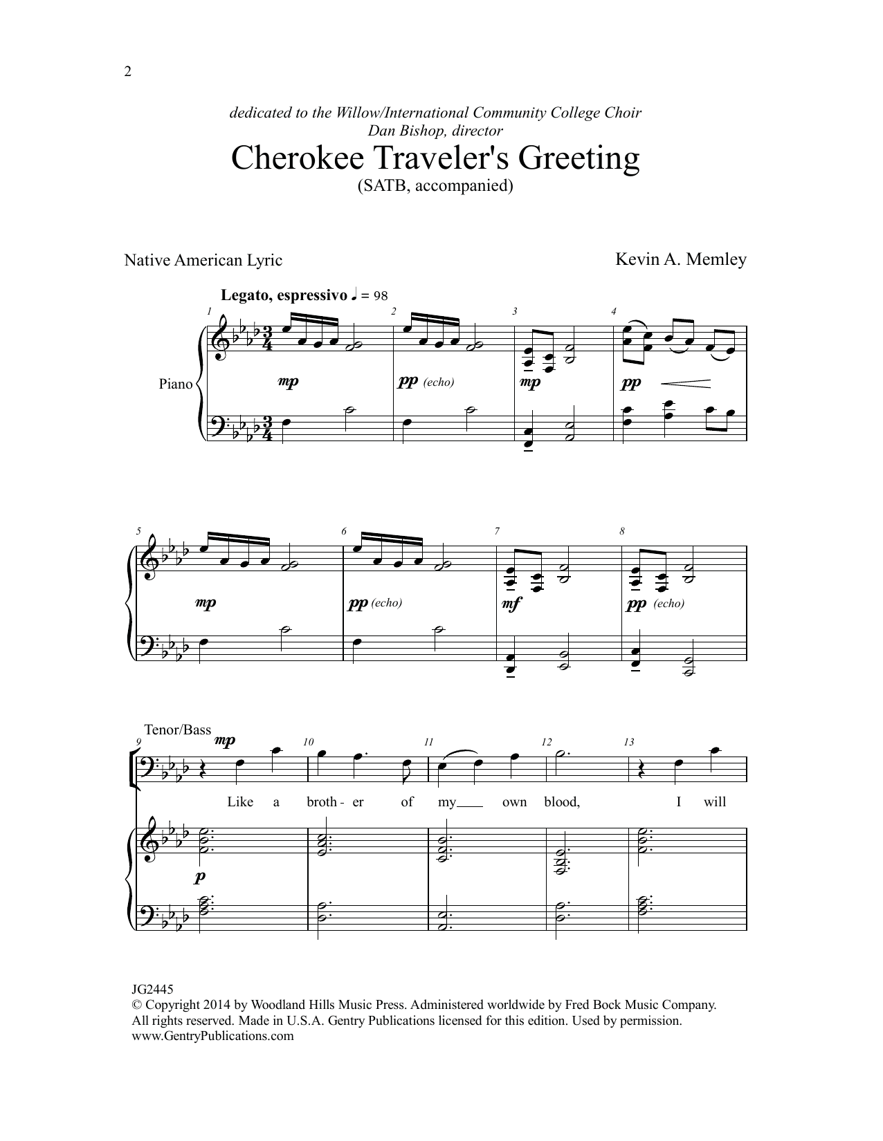 Download Kevin A. Memley Cherokee Traveler's Greeting Sheet Music and learn how to play SATB Choir PDF digital score in minutes