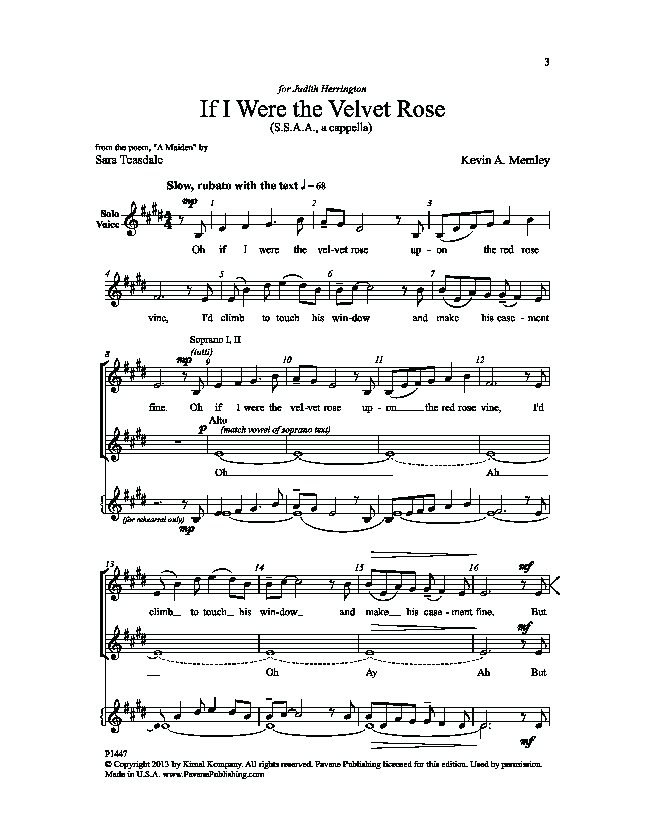 Download Kevin A. Memley If I Were the Velvet Rose (of Love) Sheet Music and learn how to play SSAA Choir PDF digital score in minutes