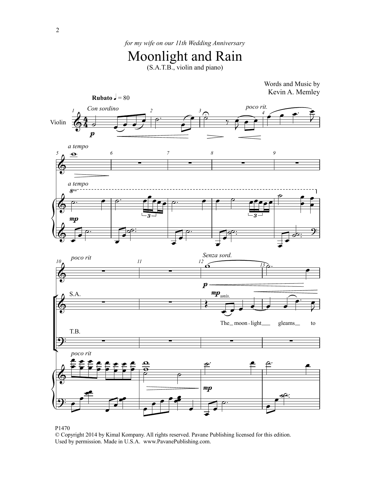 Download Kevin A. Memley Moonlight and Rain Sheet Music and learn how to play SATB Choir PDF digital score in minutes