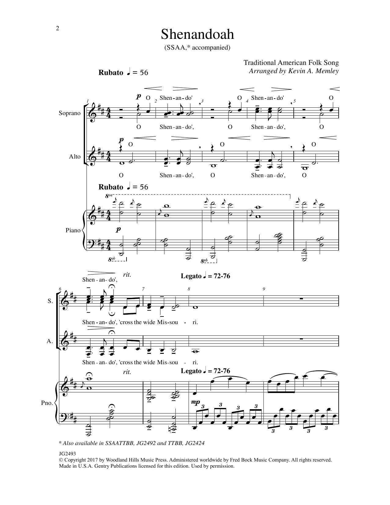 Download Kevin A. Memley Shenandoah Sheet Music and learn how to play SSAA Choir PDF digital score in minutes
