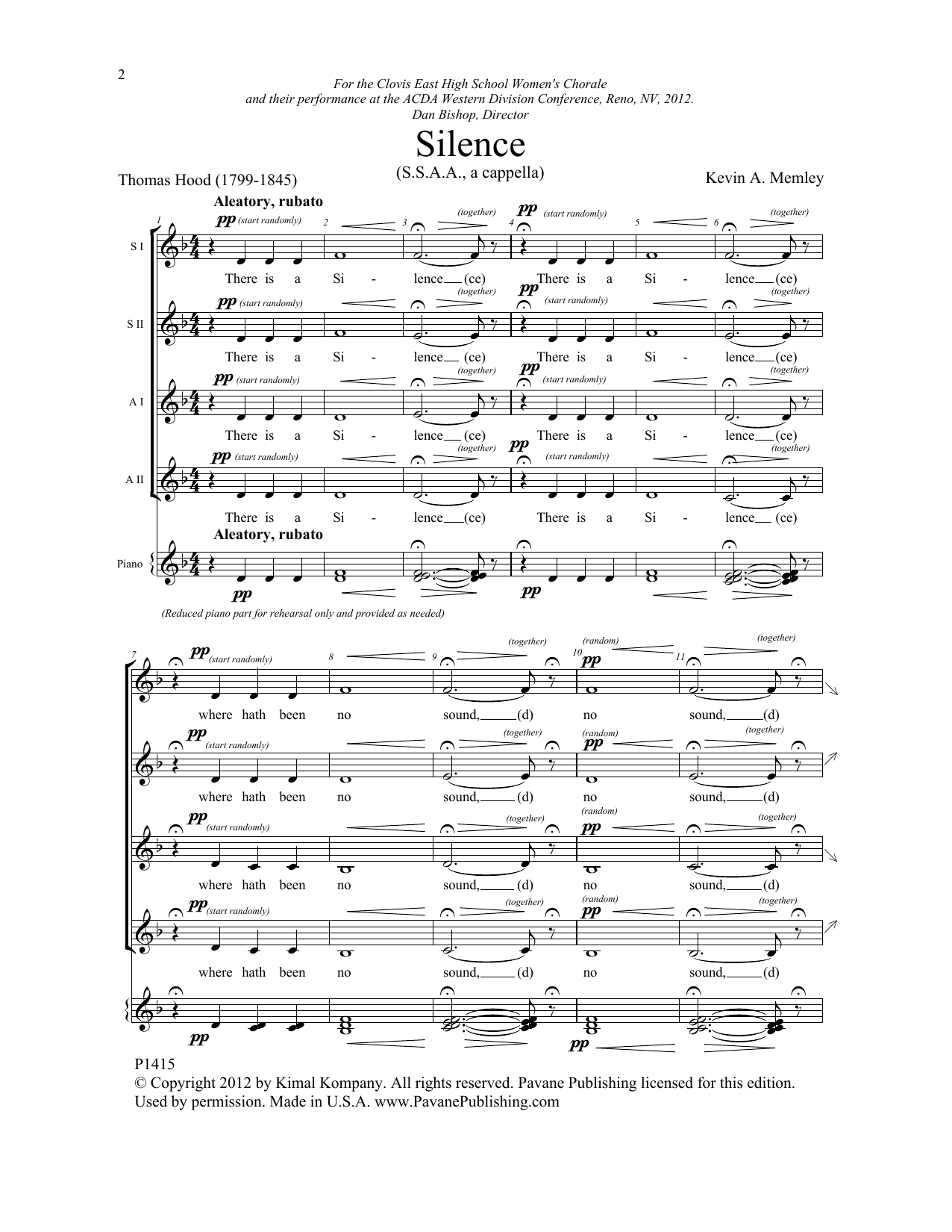 Download Kevin A. Memley Silence Sheet Music and learn how to play SSAA Choir PDF digital score in minutes