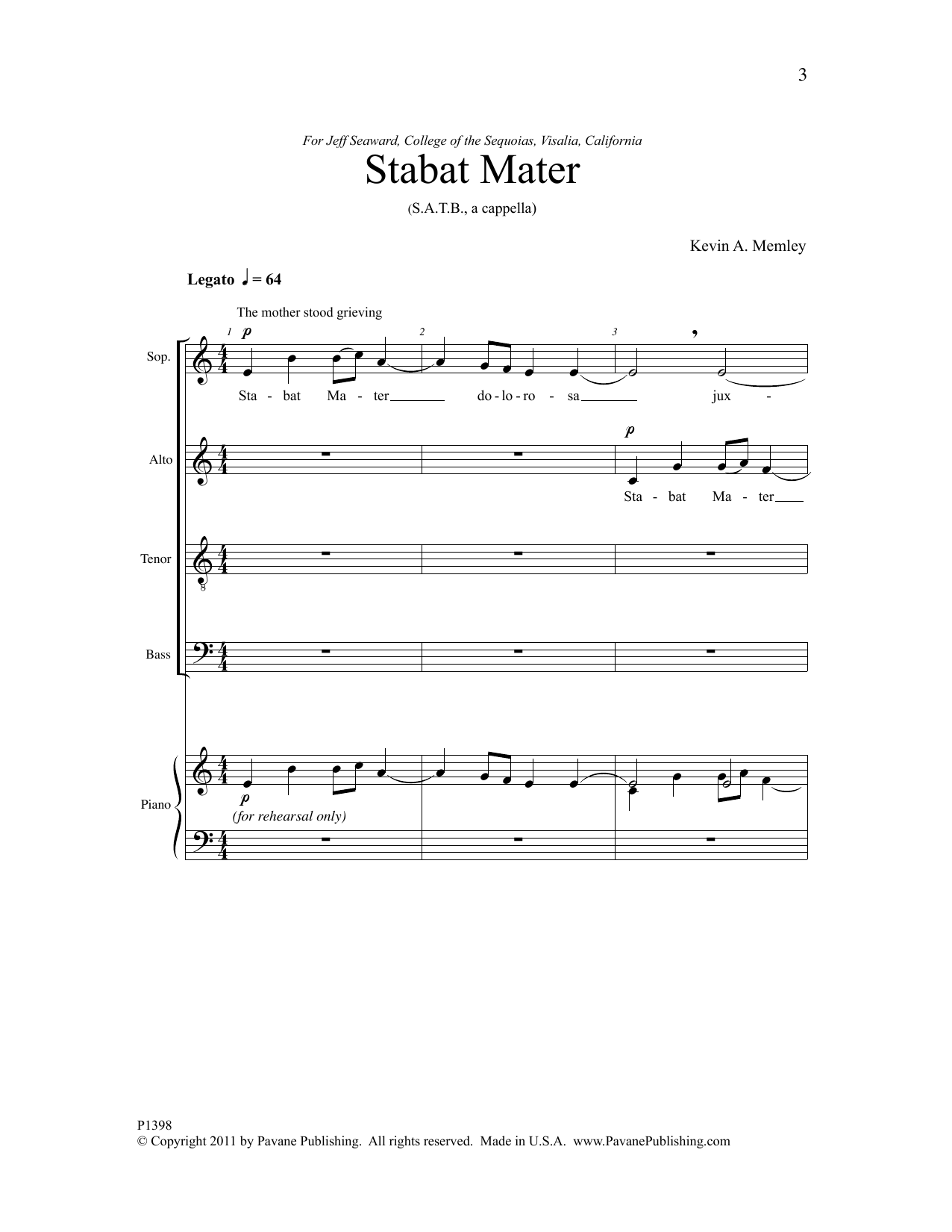 Download Kevin A. Memley Stabat Mater Sheet Music and learn how to play SATB Choir PDF digital score in minutes