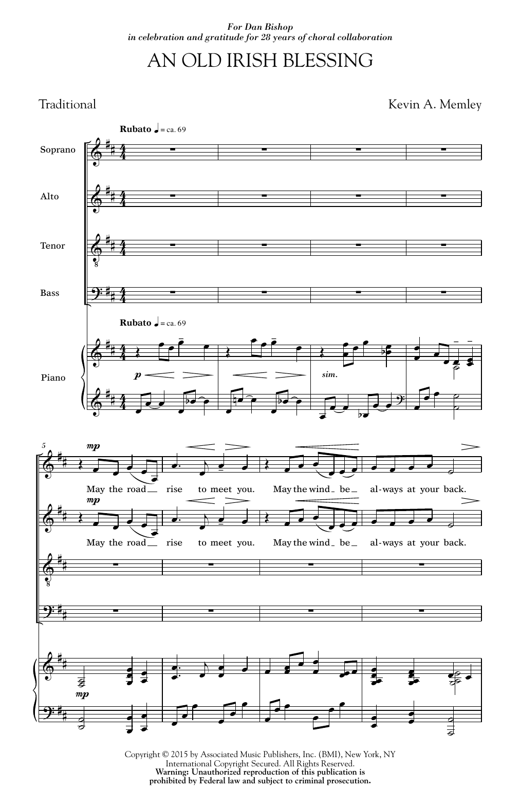 Download Kevin A. Memley An Old Irish Blessing Sheet Music and learn how to play SATB PDF digital score in minutes