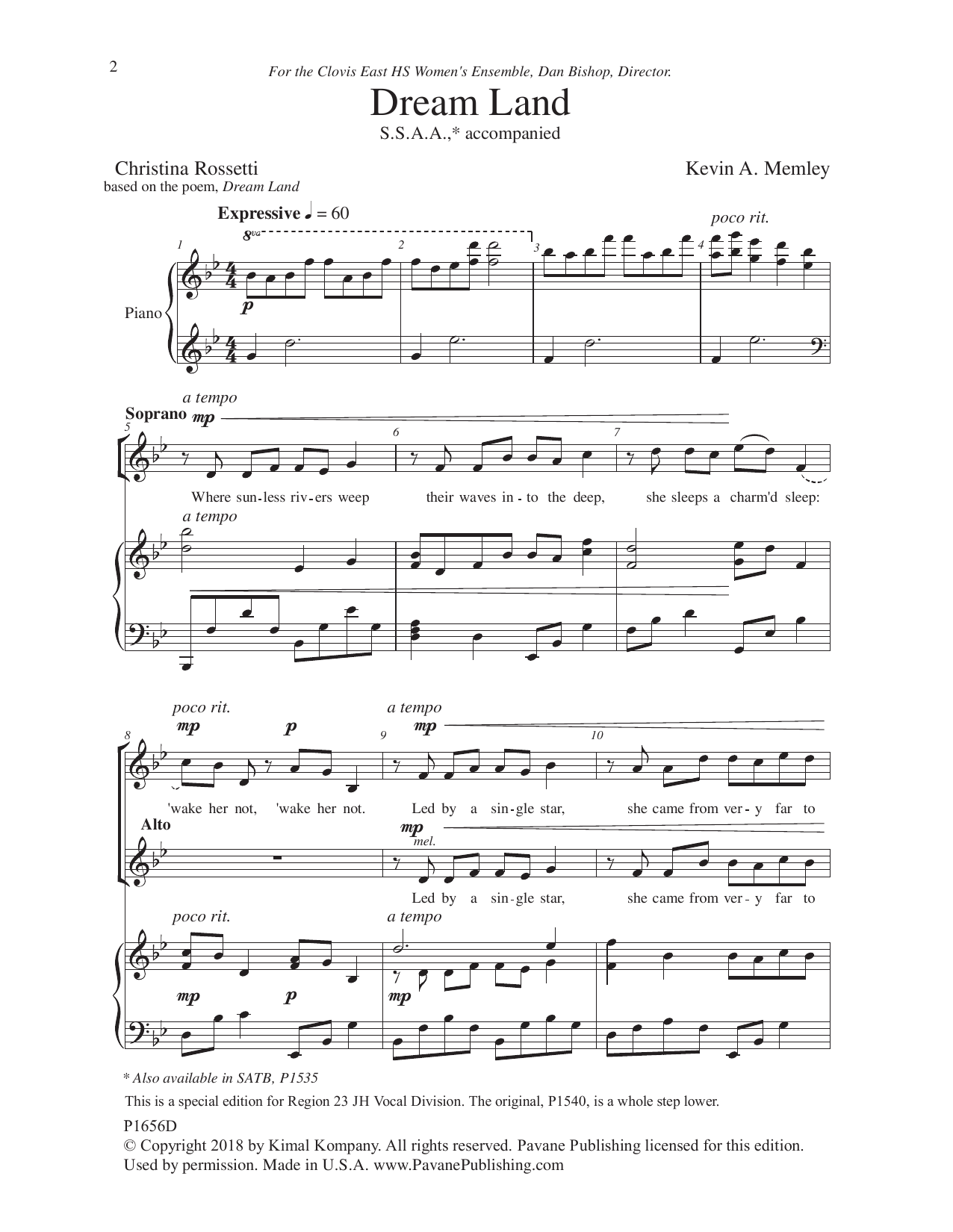 Download Kevin Memley Dream Land (arr. Christina Rossetti) Sheet Music and learn how to play SSAA Choir PDF digital score in minutes