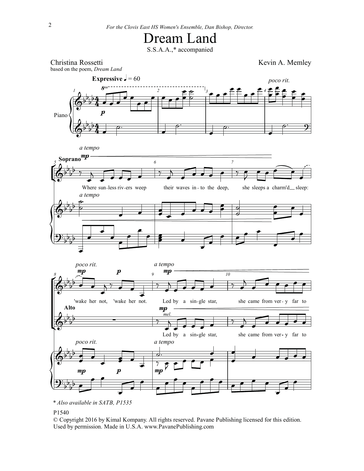 Download Kevin Memley Dream Land Sheet Music and learn how to play SSA Choir PDF digital score in minutes