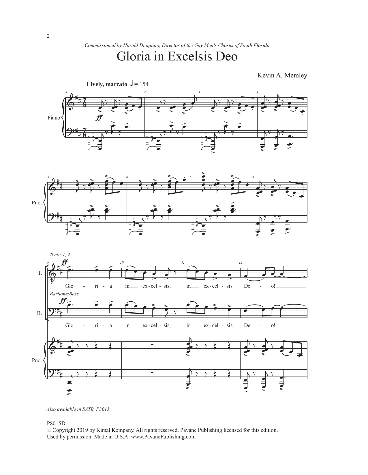 Download Kevin Memley Gloria In Excelsis Deo Sheet Music and learn how to play TTBB Choir PDF digital score in minutes