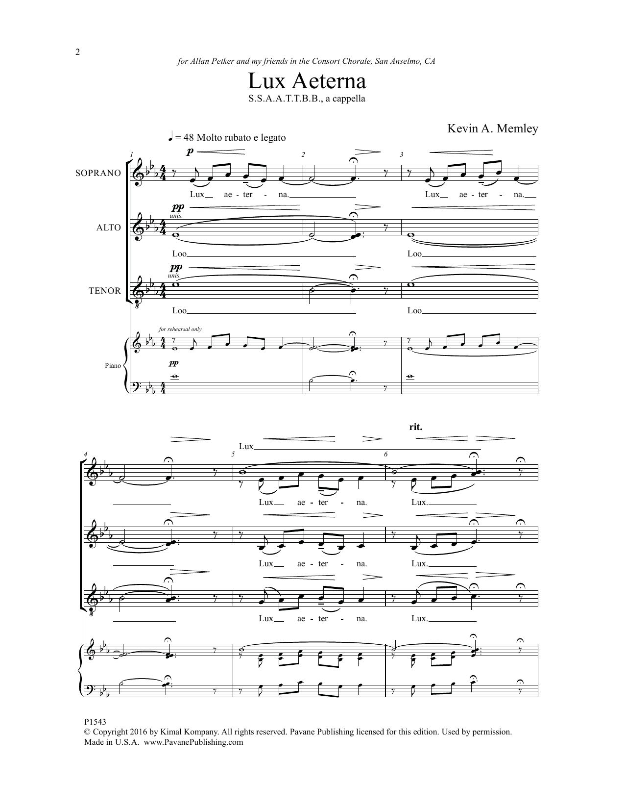 Download Kevin Memley Lux Aeterna Sheet Music and learn how to play SSAATTBB Choir PDF digital score in minutes