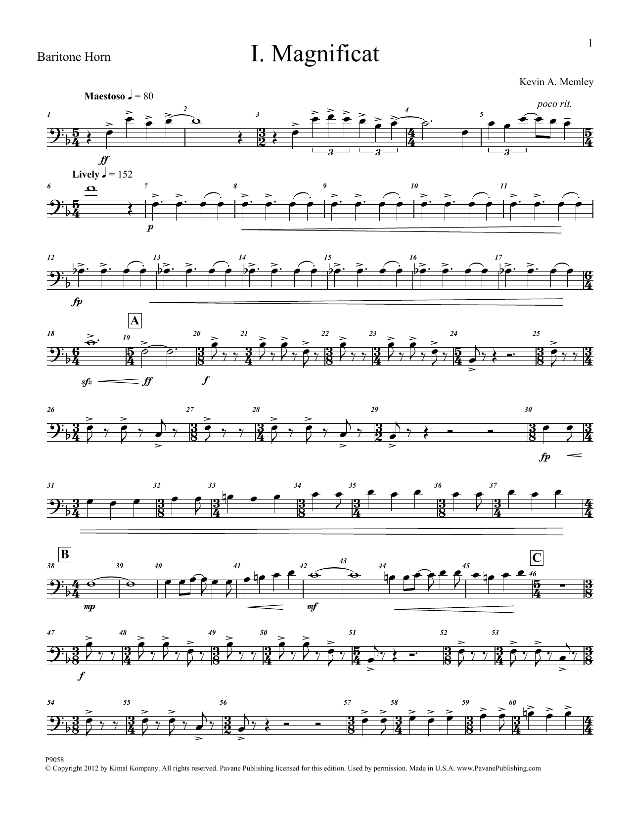 Download Kevin Memley Magnificat (Brass and Percussion) (Parts) - Baritone Horn Sheet Music and learn how to play Choir Instrumental Pak PDF digital score in minutes