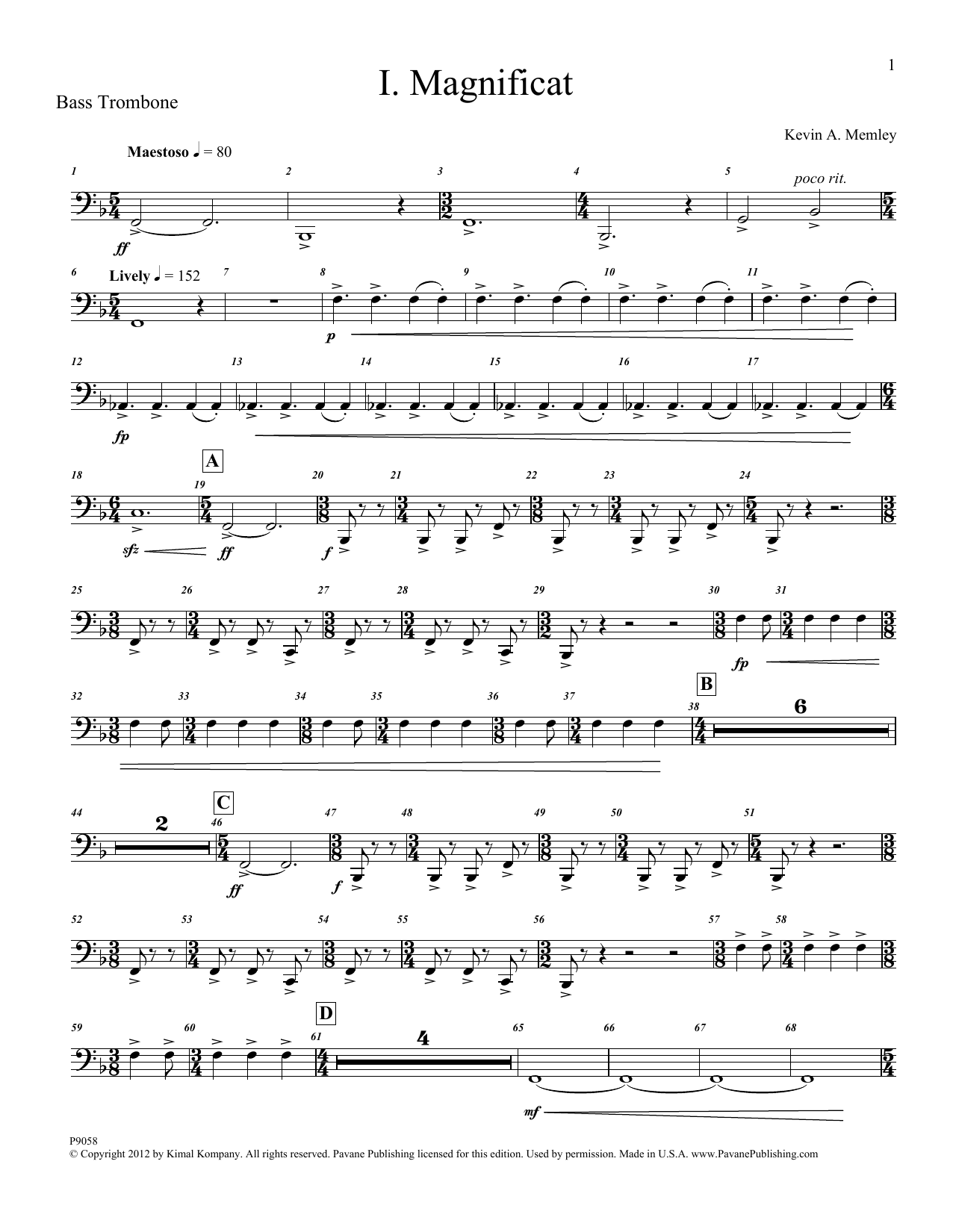 Download Kevin Memley Magnificat (Brass and Percussion) (Parts) - Bass Trombone Sheet Music and learn how to play Choir Instrumental Pak PDF digital score in minutes