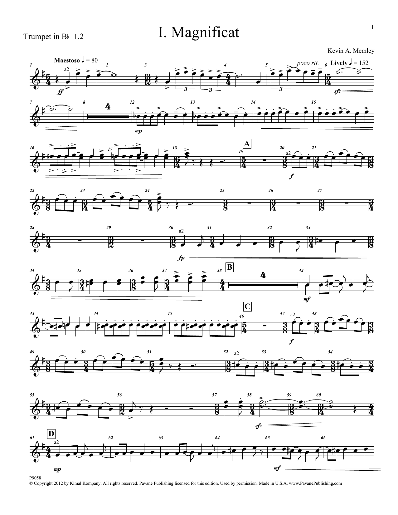 Download Kevin Memley Magnificat (Brass and Percussion) (Parts) - Bb Trumpet 1,2 Sheet Music and learn how to play Choir Instrumental Pak PDF digital score in minutes