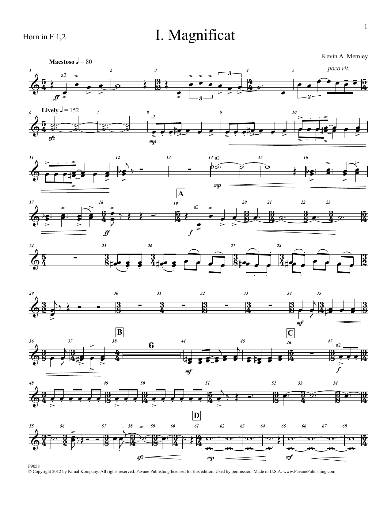 Download Kevin Memley Magnificat (Brass and Percussion) (Parts) - F Horn 1, 2 Sheet Music and learn how to play Choir Instrumental Pak PDF digital score in minutes