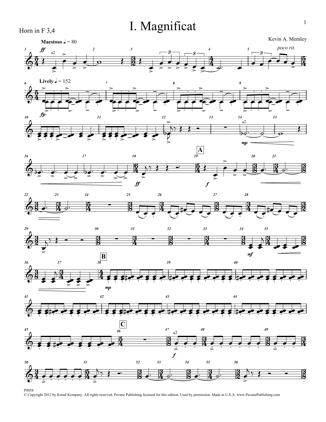 Download Kevin Memley Magnificat (Brass and Percussion) (Parts) - F Horn 3, 4 Sheet Music and learn how to play Choir Instrumental Pak PDF digital score in minutes