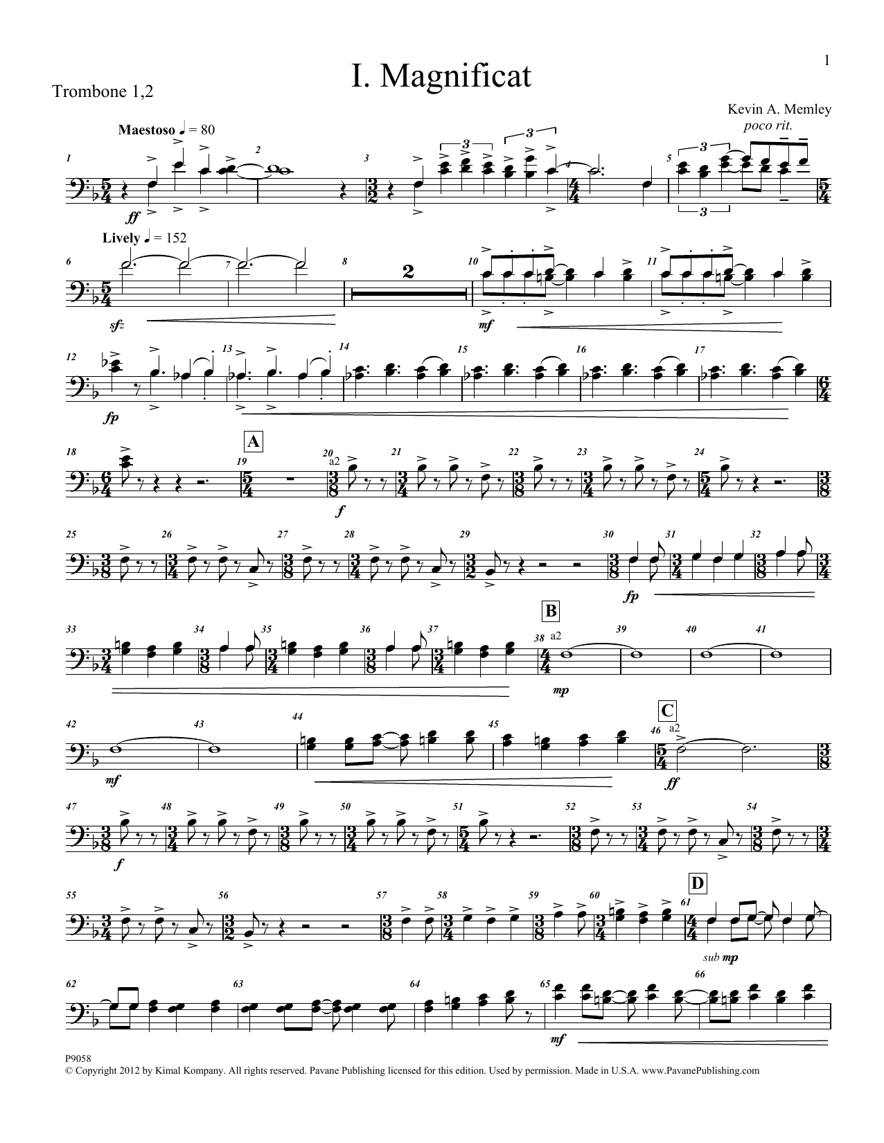 Download Kevin Memley Magnificat (Brass and Percussion) (Parts) - Trombone 1, 2 Sheet Music and learn how to play Choir Instrumental Pak PDF digital score in minutes