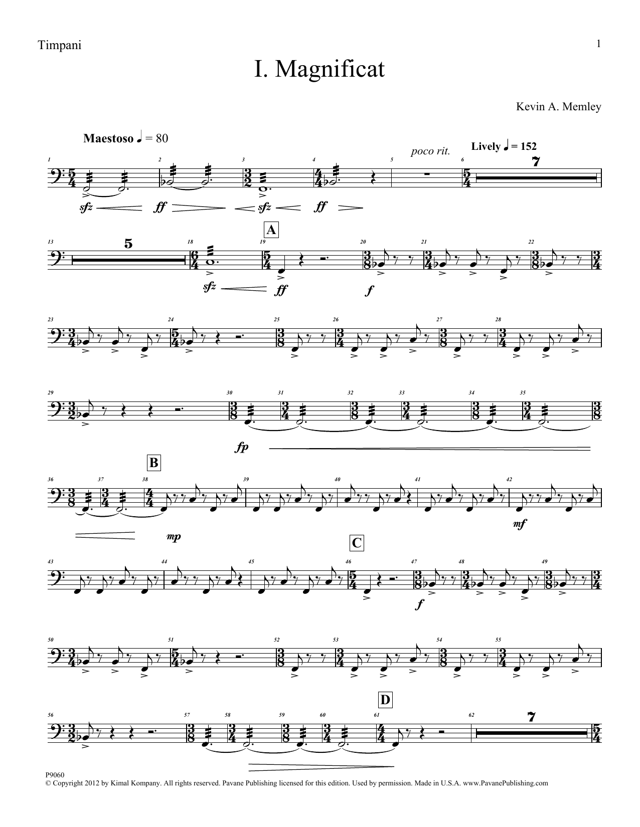 Download Kevin Memley Magnificat (Brass Quintet) (Parts) - Timpani Sheet Music and learn how to play Choir Instrumental Pak PDF digital score in minutes