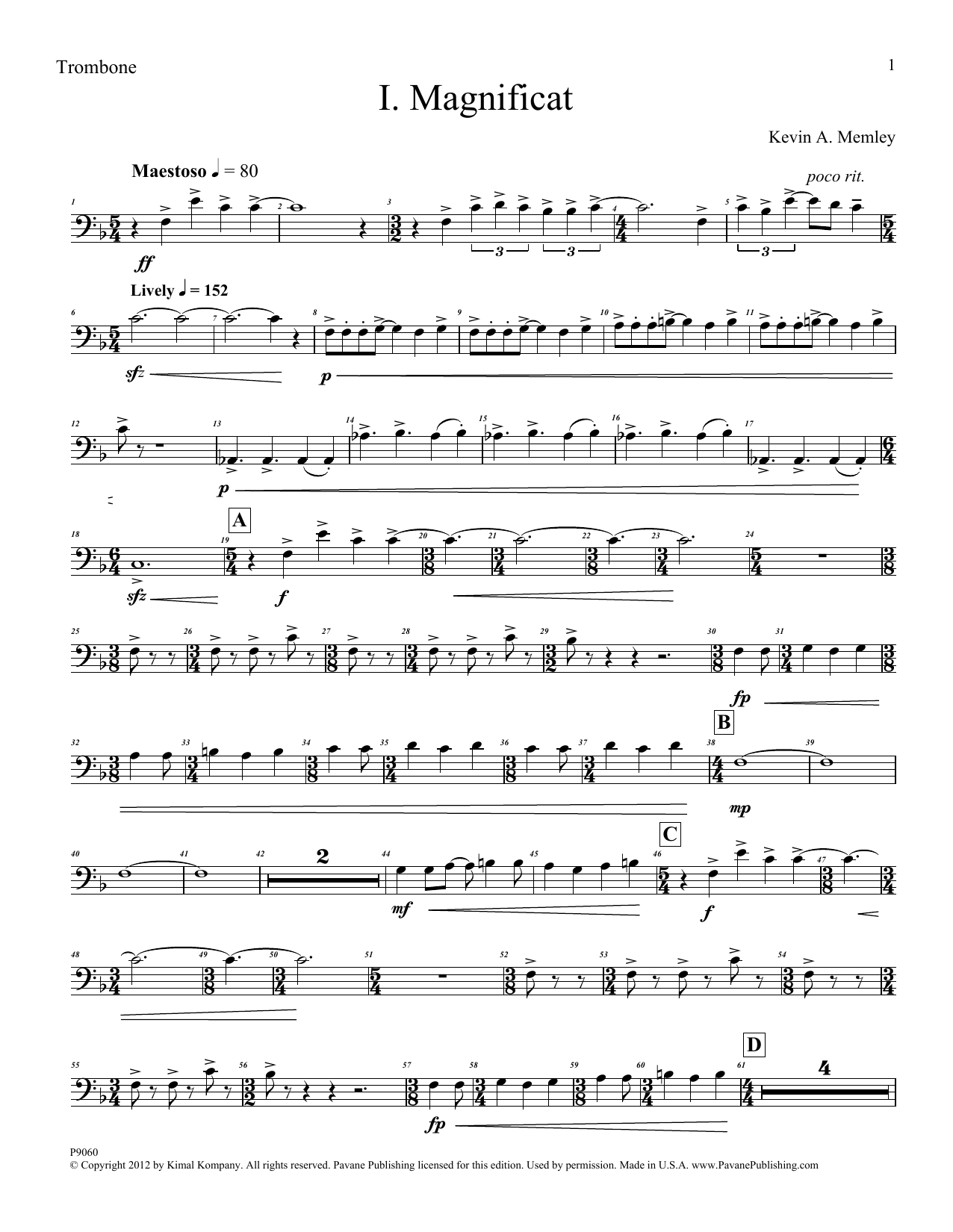 Download Kevin Memley Magnificat (Brass Quintet) (Parts) - Trombone Sheet Music and learn how to play Choir Instrumental Pak PDF digital score in minutes