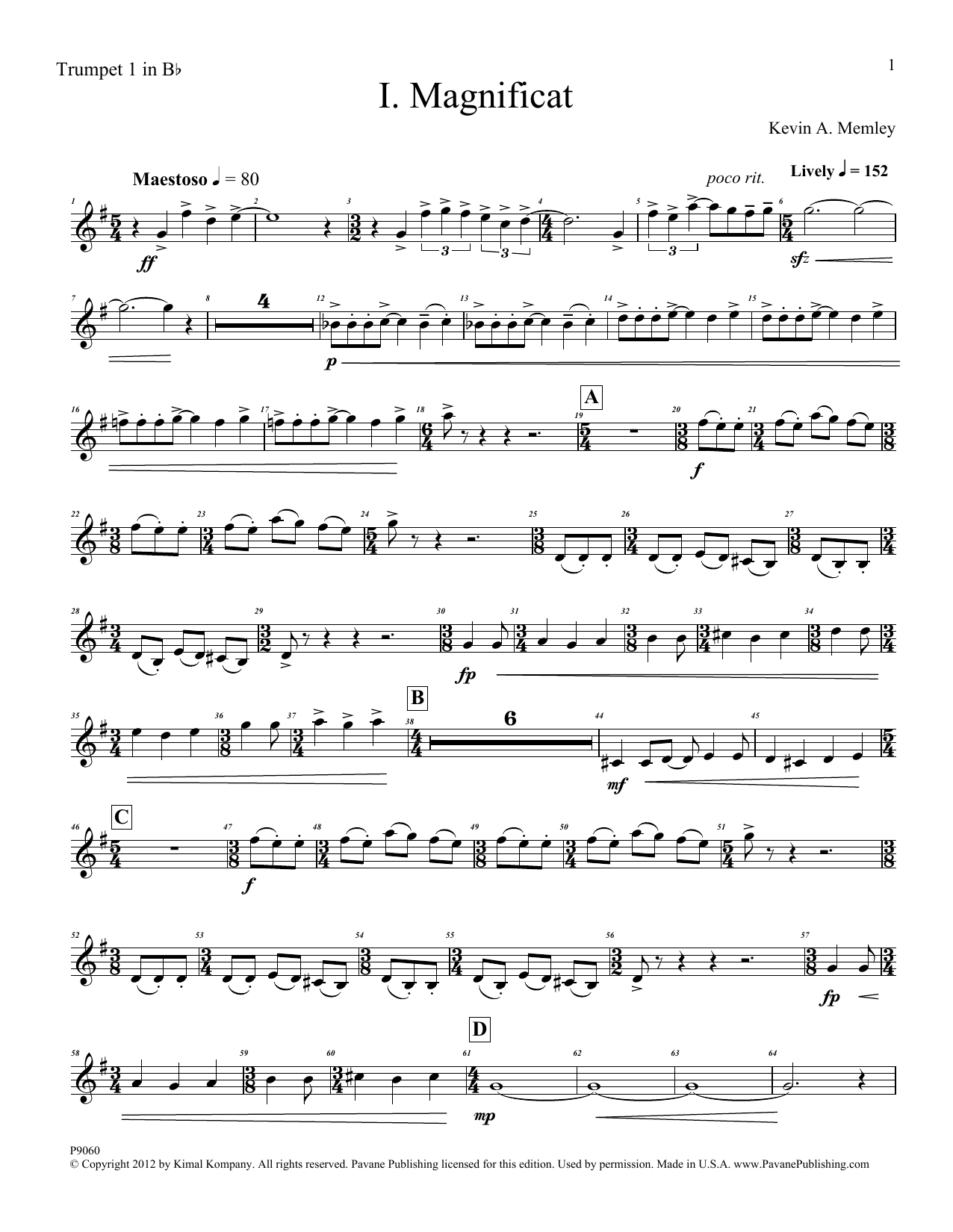 Download Kevin Memley Magnificat (Brass Quintet) (Parts) - Trumpet 1 in Bb Sheet Music and learn how to play Choir Instrumental Pak PDF digital score in minutes