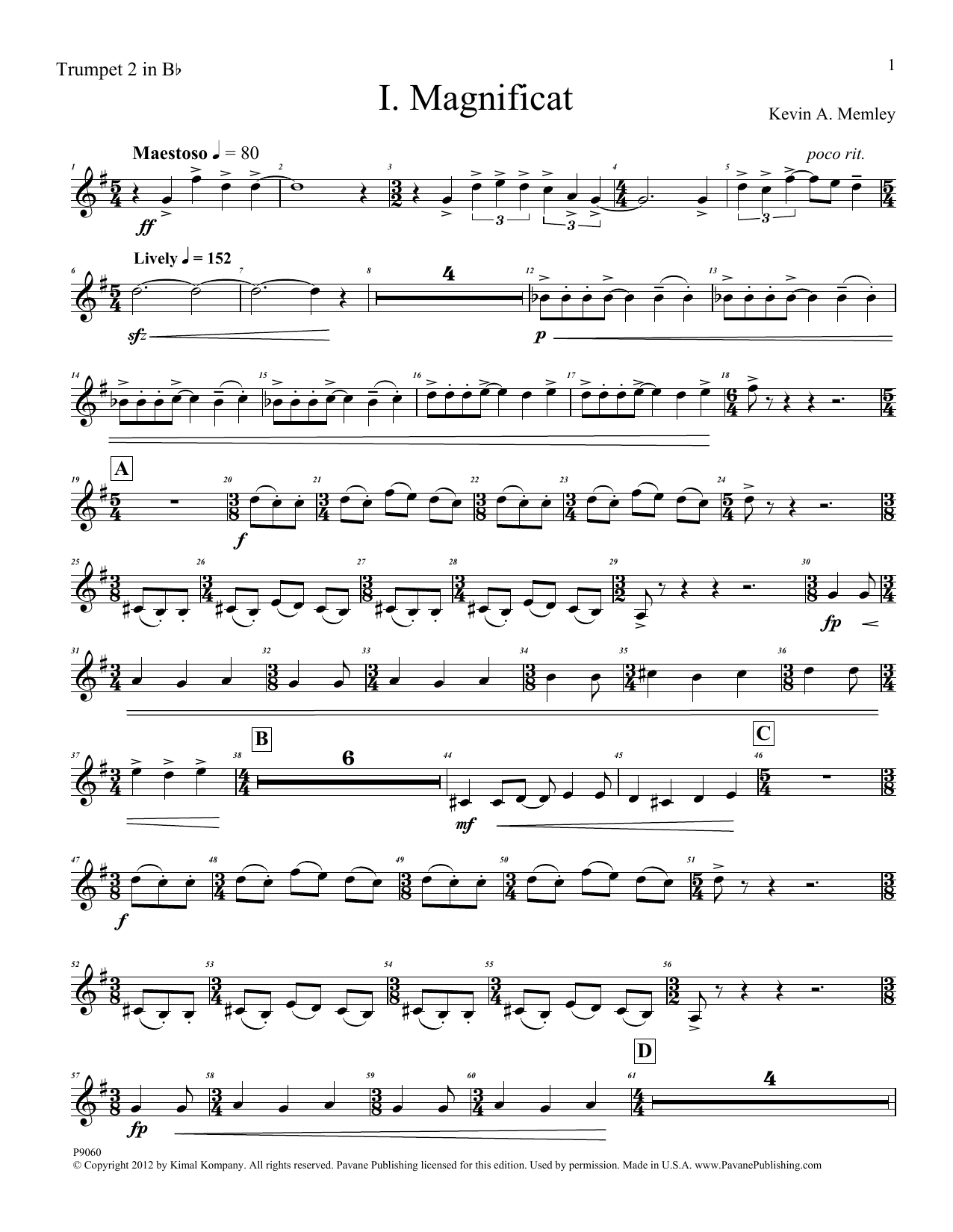 Download Kevin Memley Magnificat (Brass Quintet) (Parts) - Trumpet 2 in Bb Sheet Music and learn how to play Choir Instrumental Pak PDF digital score in minutes