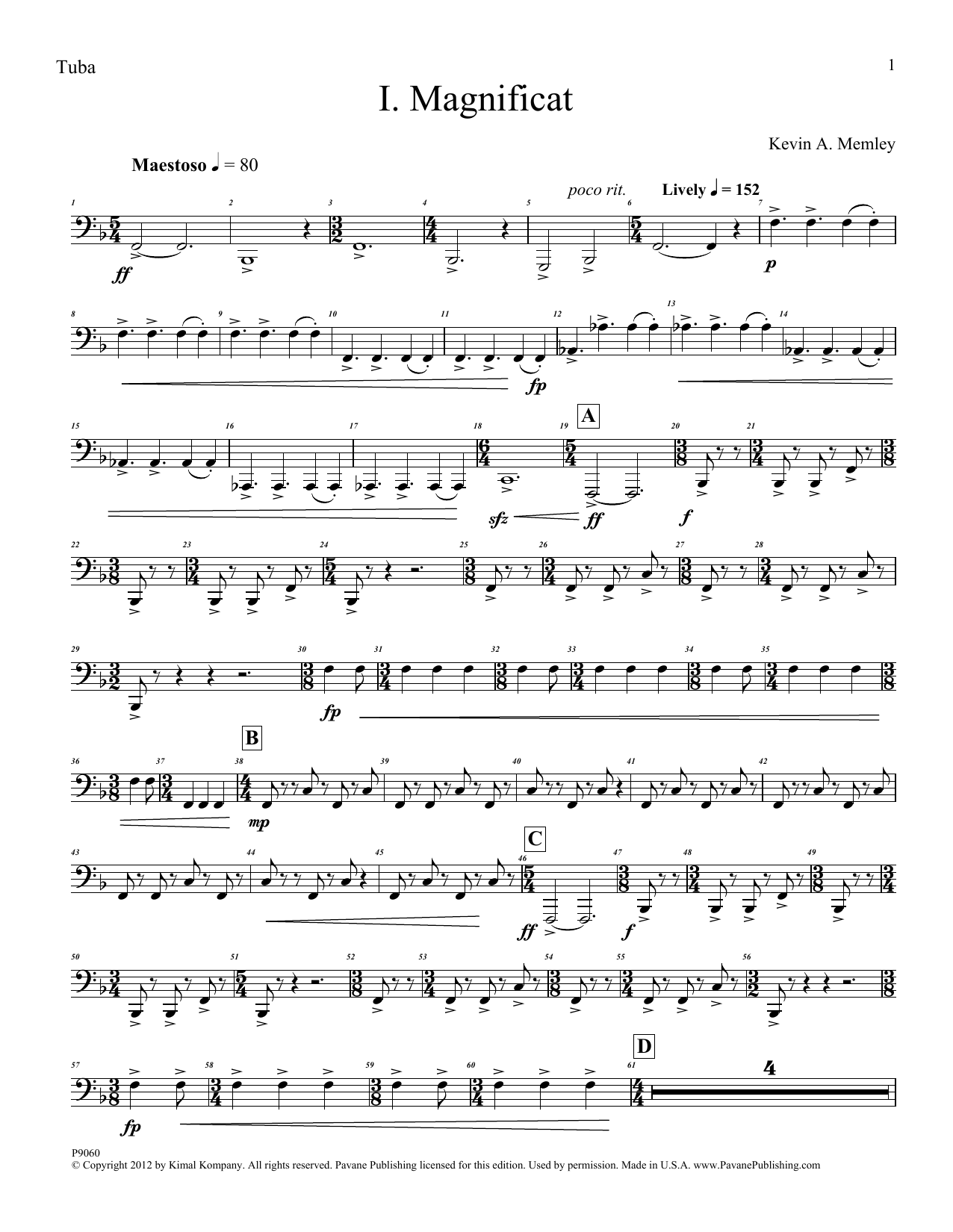 Download Kevin Memley Magnificat (Brass Quintet) (Parts) - Tuba Sheet Music and learn how to play Choir Instrumental Pak PDF digital score in minutes