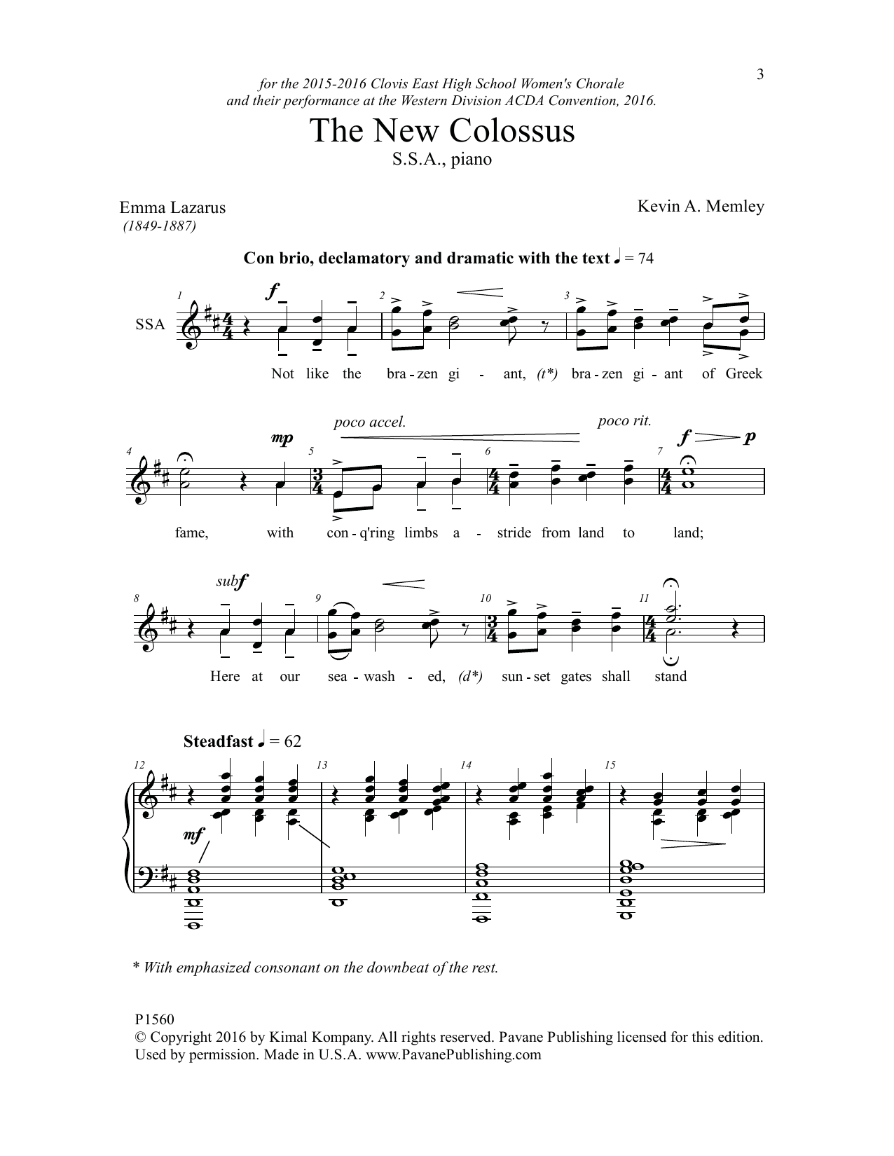 Download Kevin Memley The New Colossus Sheet Music and learn how to play SATB Choir PDF digital score in minutes