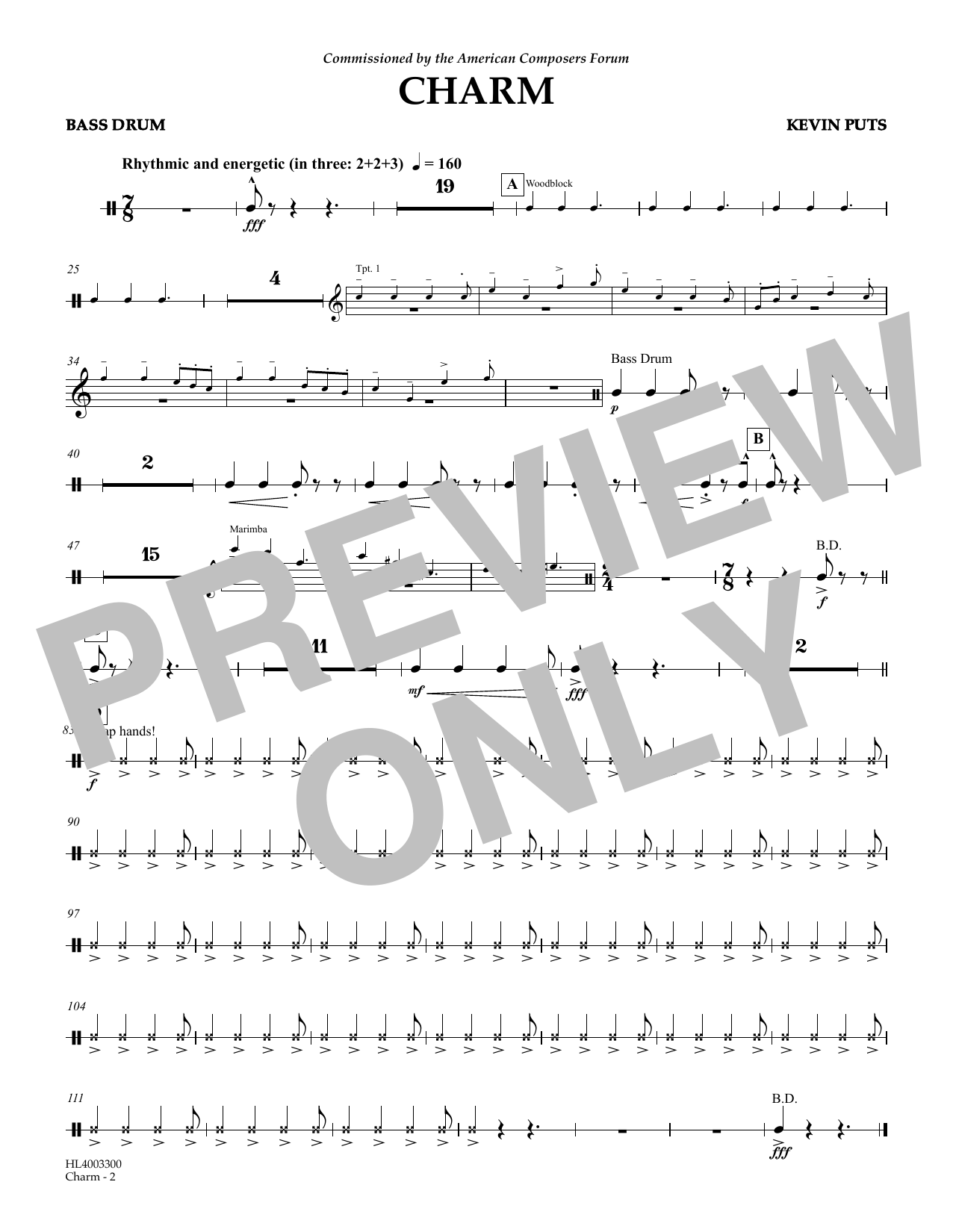 Download Kevin Puts Charm - Bass Drums Sheet Music and learn how to play Concert Band PDF digital score in minutes