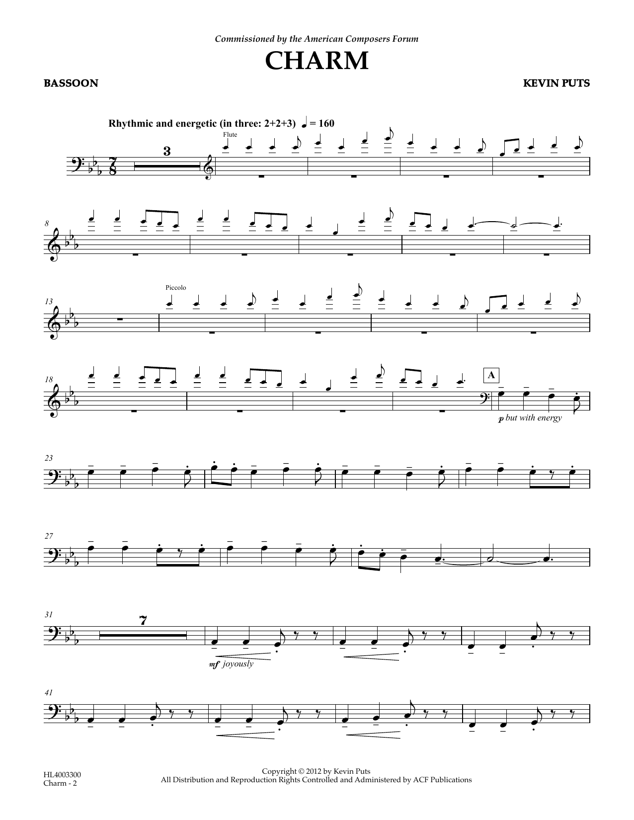 Download Kevin Puts Charm - Bassoon (opt.) Sheet Music and learn how to play Concert Band PDF digital score in minutes