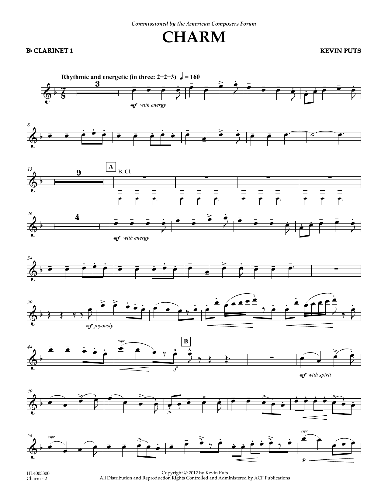 Download Kevin Puts Charm - Bb Clarinet 1 Sheet Music and learn how to play Concert Band PDF digital score in minutes