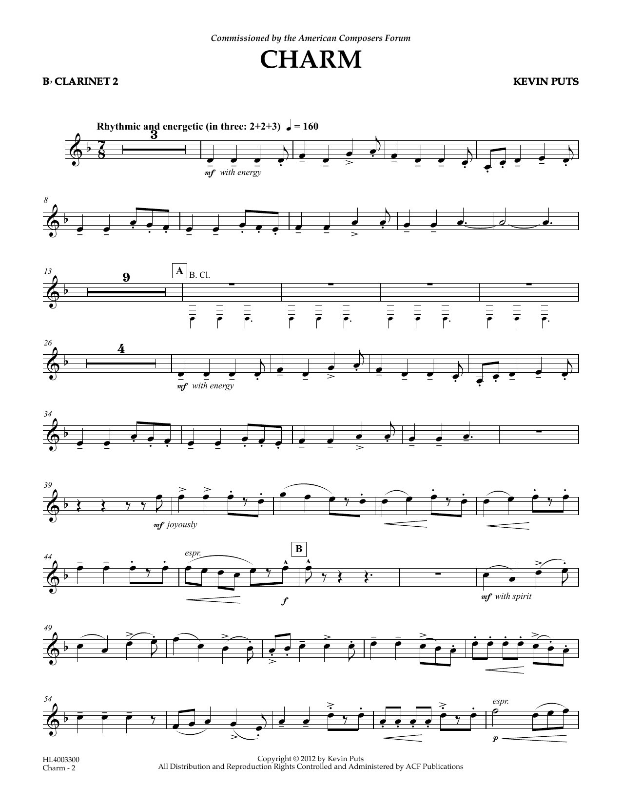 Download Kevin Puts Charm - Bb Clarinet 2 Sheet Music and learn how to play Concert Band PDF digital score in minutes