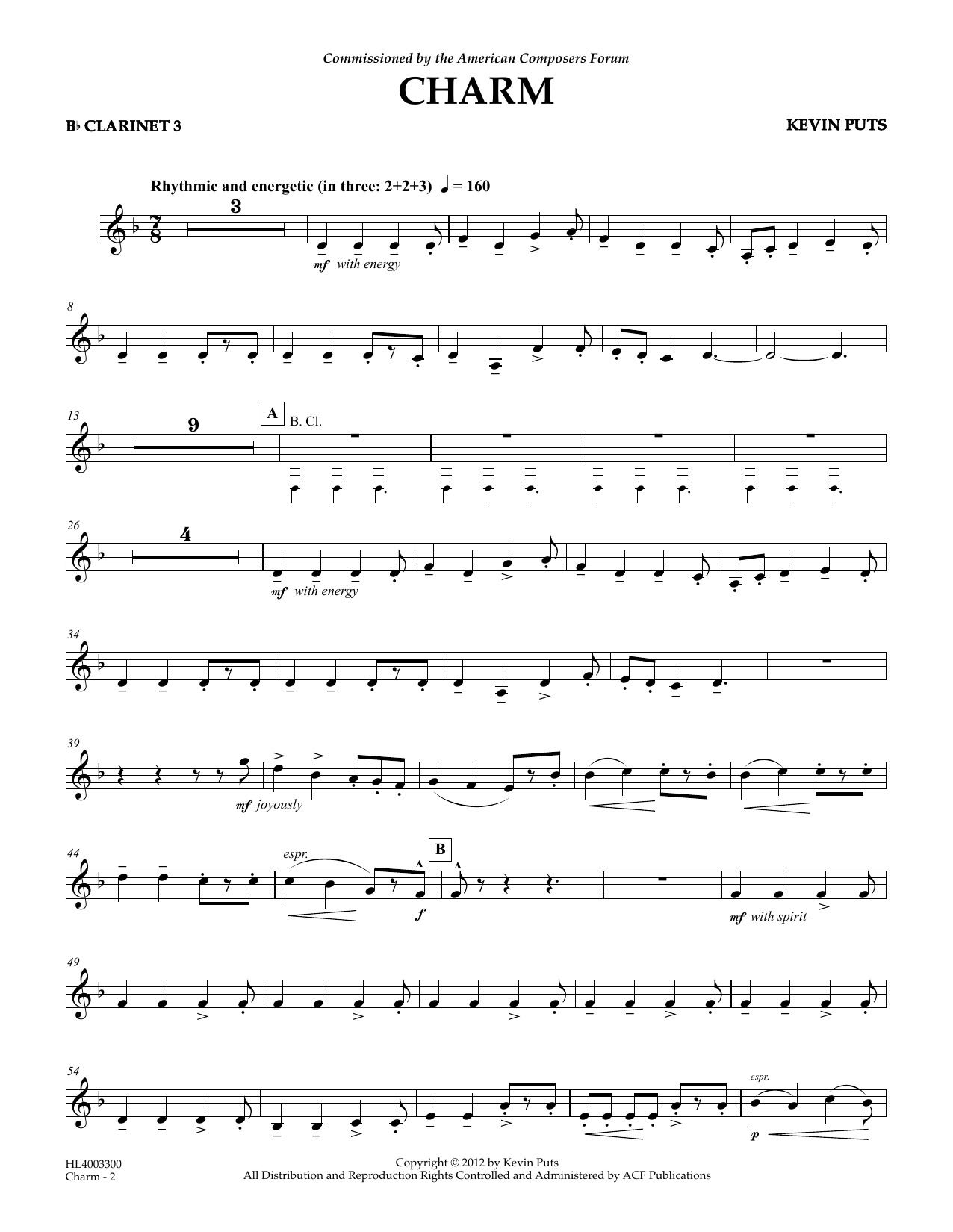 Download Kevin Puts Charm - Bb Clarinet 3 Sheet Music and learn how to play Concert Band PDF digital score in minutes