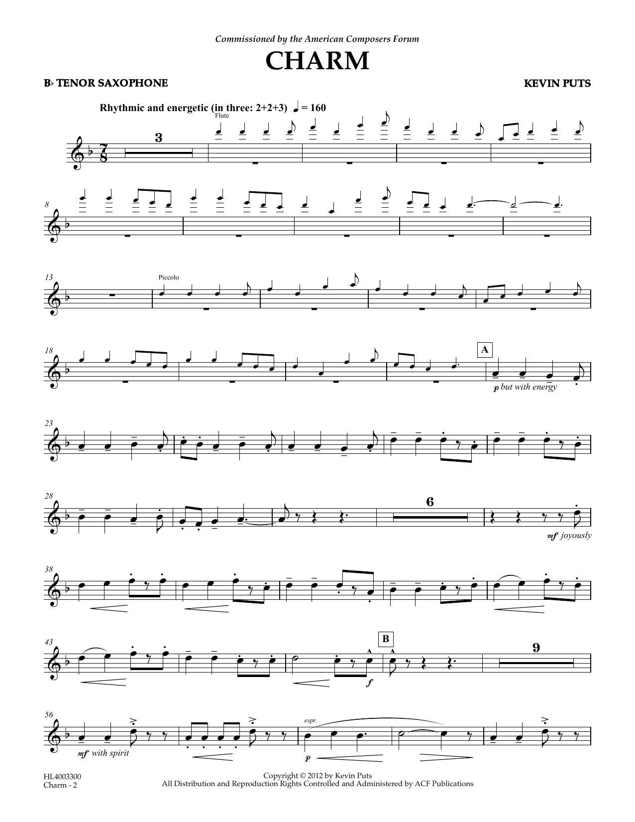 Download Kevin Puts Charm - Bb Tenor Saxophone Sheet Music and learn how to play Concert Band PDF digital score in minutes