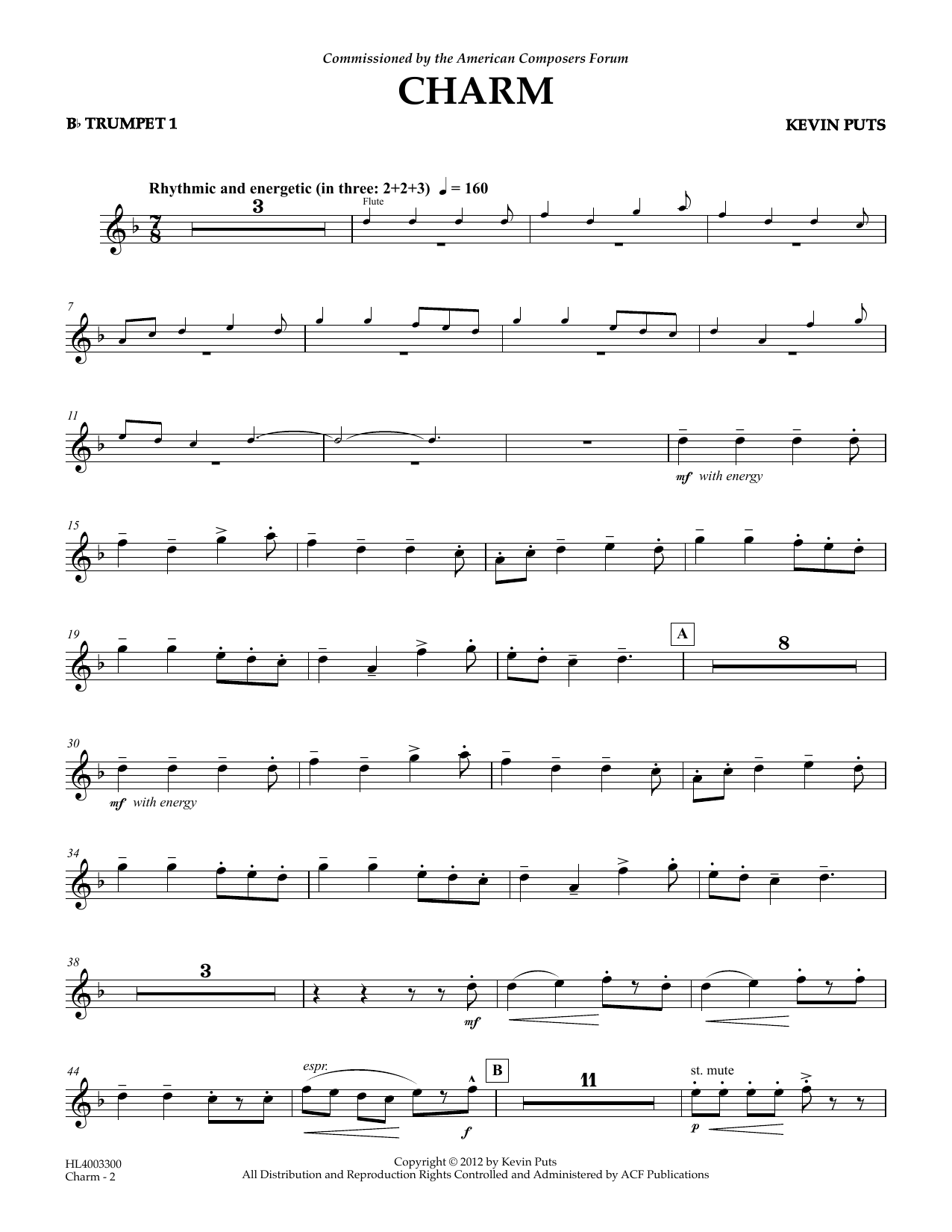 Download Kevin Puts Charm - Bb Trumpet 1 Sheet Music and learn how to play Concert Band PDF digital score in minutes