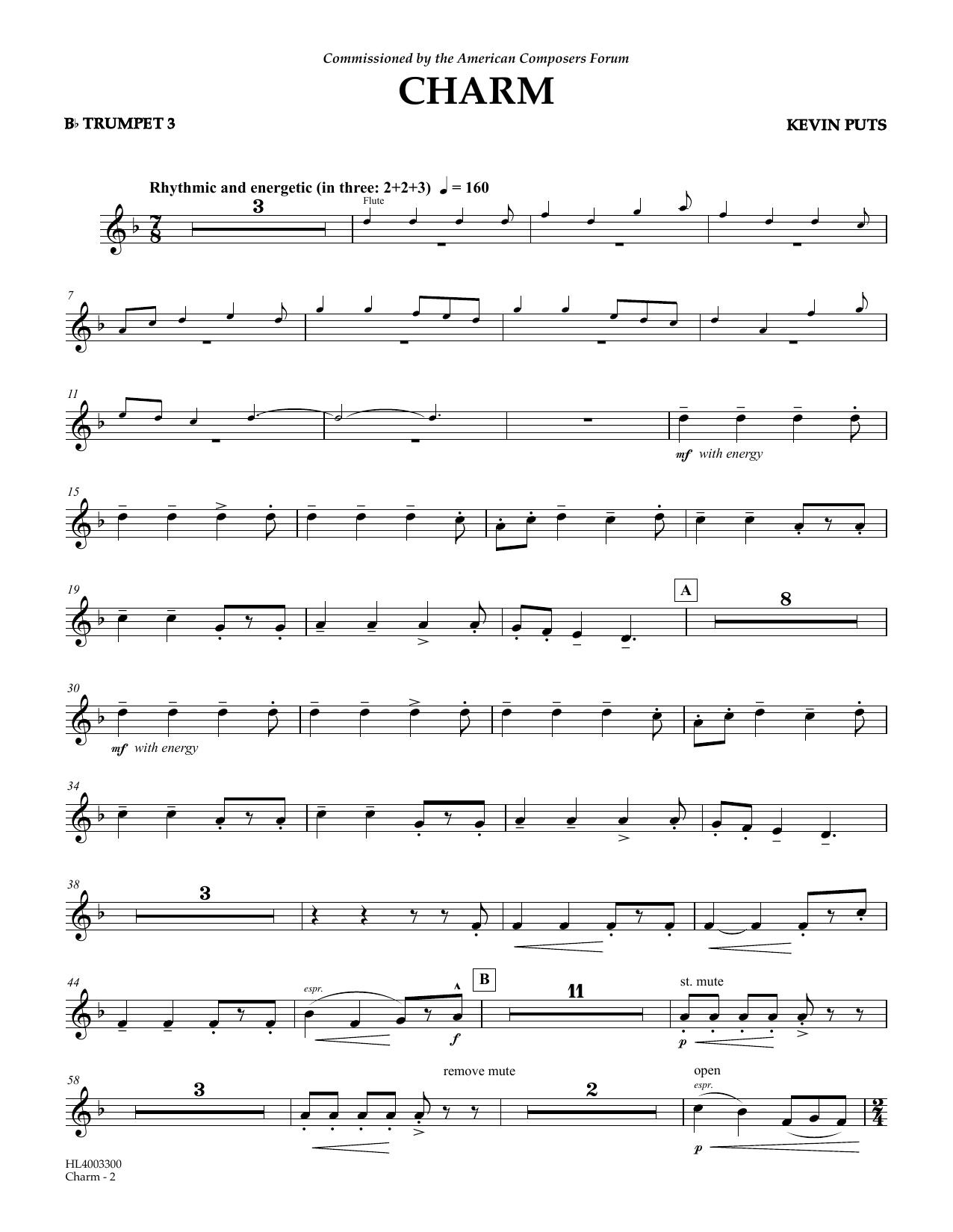 Download Kevin Puts Charm - Bb Trumpet 3 Sheet Music and learn how to play Concert Band PDF digital score in minutes