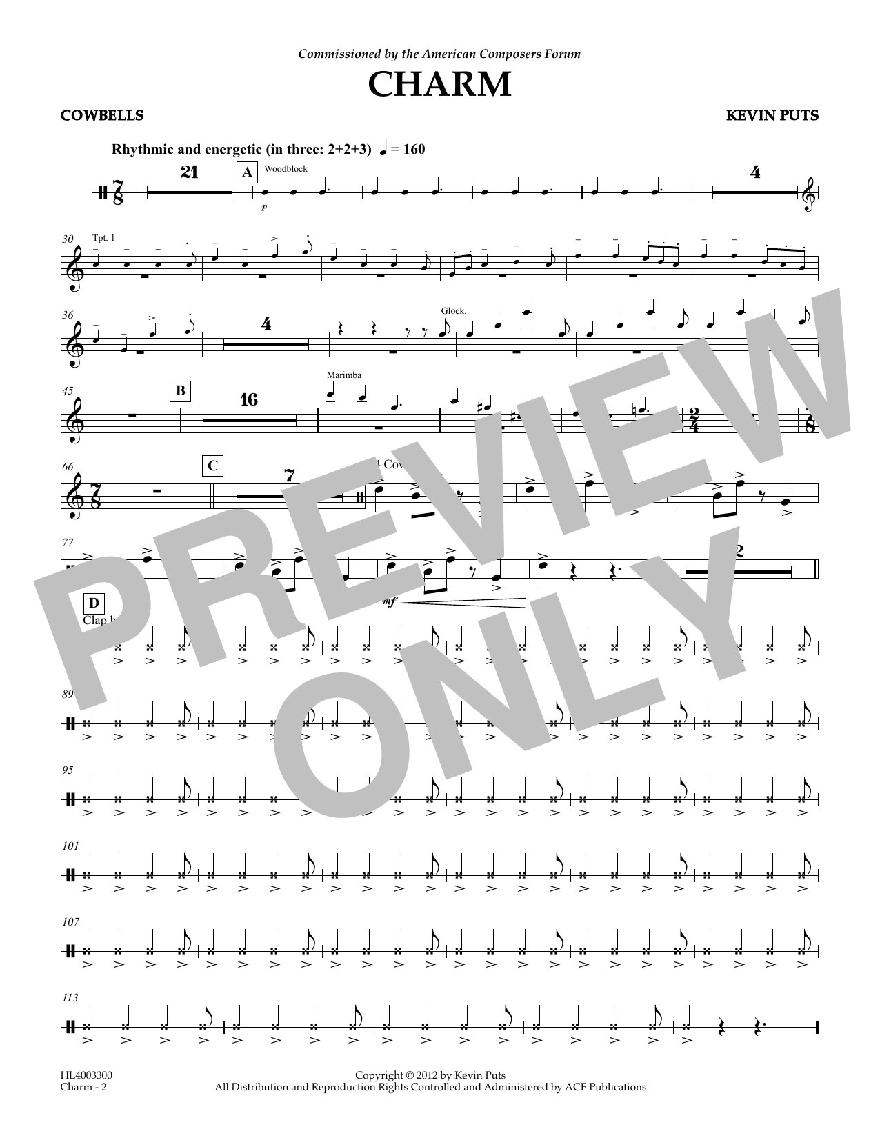 Download Kevin Puts Charm - Cowbell Sheet Music and learn how to play Concert Band PDF digital score in minutes