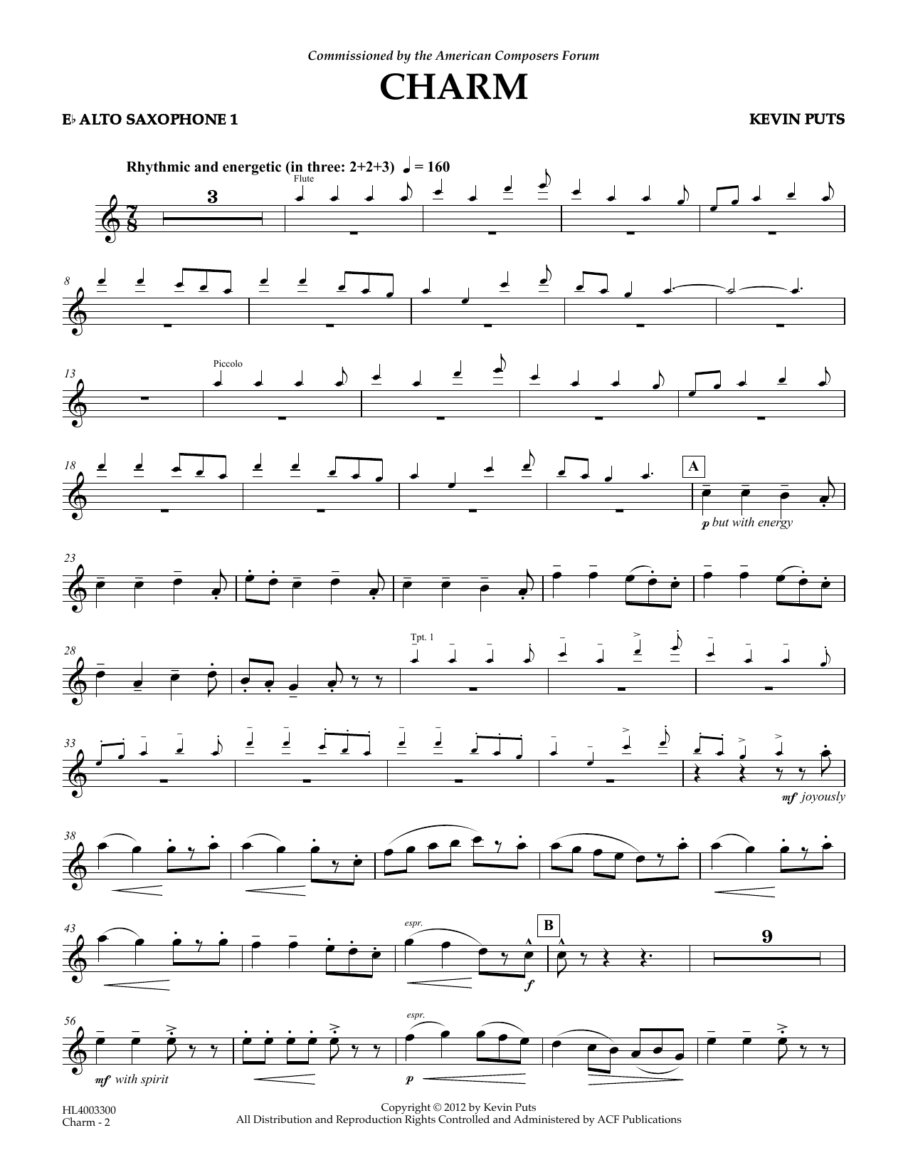 Download Kevin Puts Charm - Eb Alto Saxophone 1 Sheet Music and learn how to play Concert Band PDF digital score in minutes