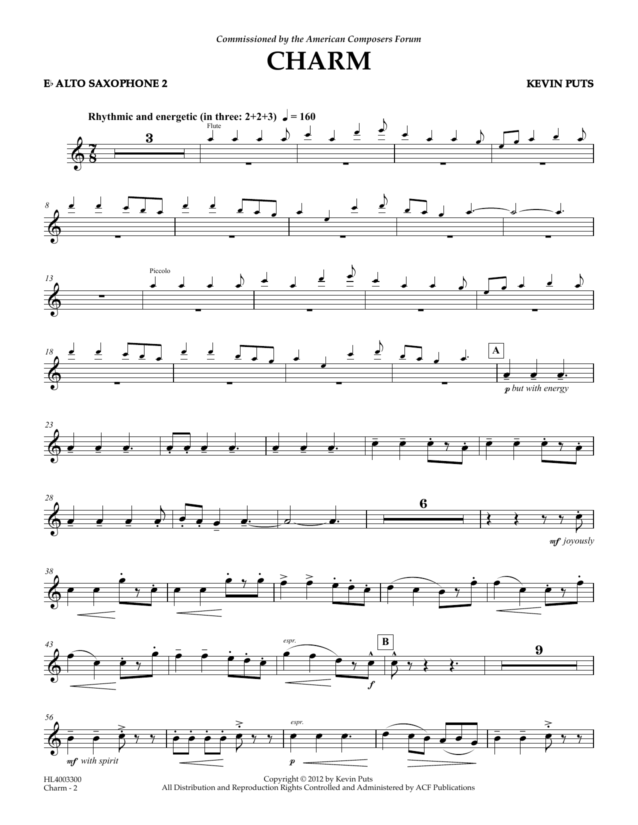 Download Kevin Puts Charm - Eb Alto Saxophone 2 Sheet Music and learn how to play Concert Band PDF digital score in minutes