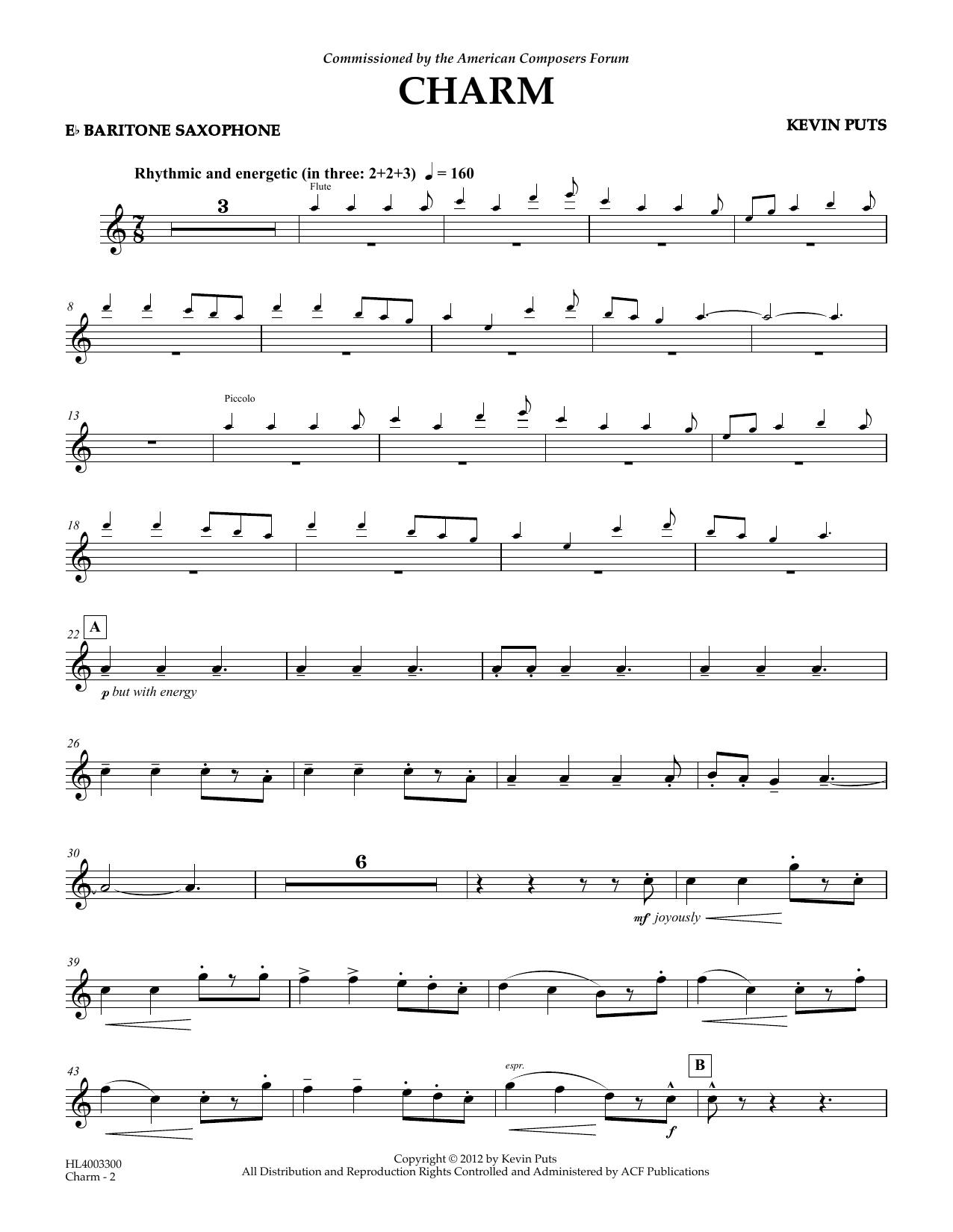 Download Kevin Puts Charm - Eb Baritone Saxophone Sheet Music and learn how to play Concert Band PDF digital score in minutes